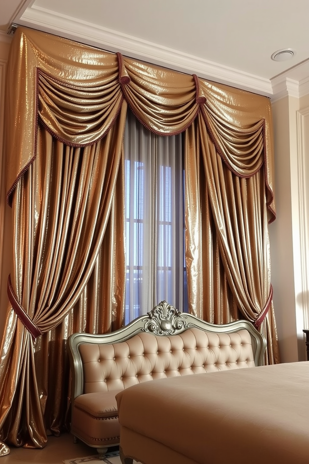 A luxurious bedroom adorned with metallic curtains that shimmer and reflect light. The curtains elegantly frame a large window, enhancing the room's ambiance with their rich texture and sophisticated hue. The walls are painted in a soft neutral tone, creating a perfect backdrop for the glamorous curtains. A plush bed with an ornate headboard sits opposite the window, inviting relaxation and comfort.