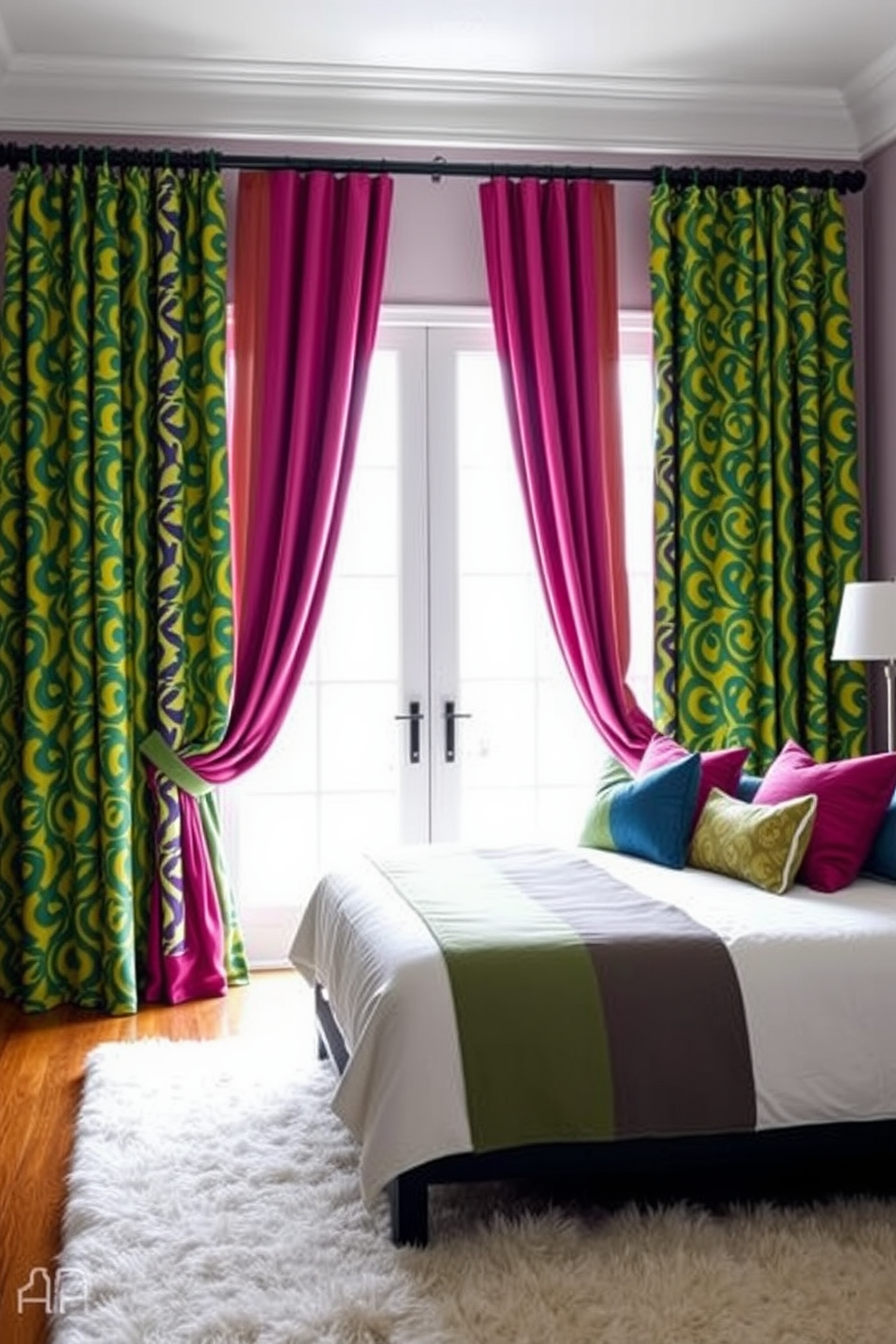 A striking bedroom featuring bold patterned drapes that add vibrant contrast to the space. The curtains are floor length and cascade elegantly to frame a large window, enhancing the room's natural light. The bedding is a mix of solid colors and complementary patterns that harmonize with the drapes. A plush area rug anchors the room, while decorative pillows on the bed echo the vibrant hues of the curtains.