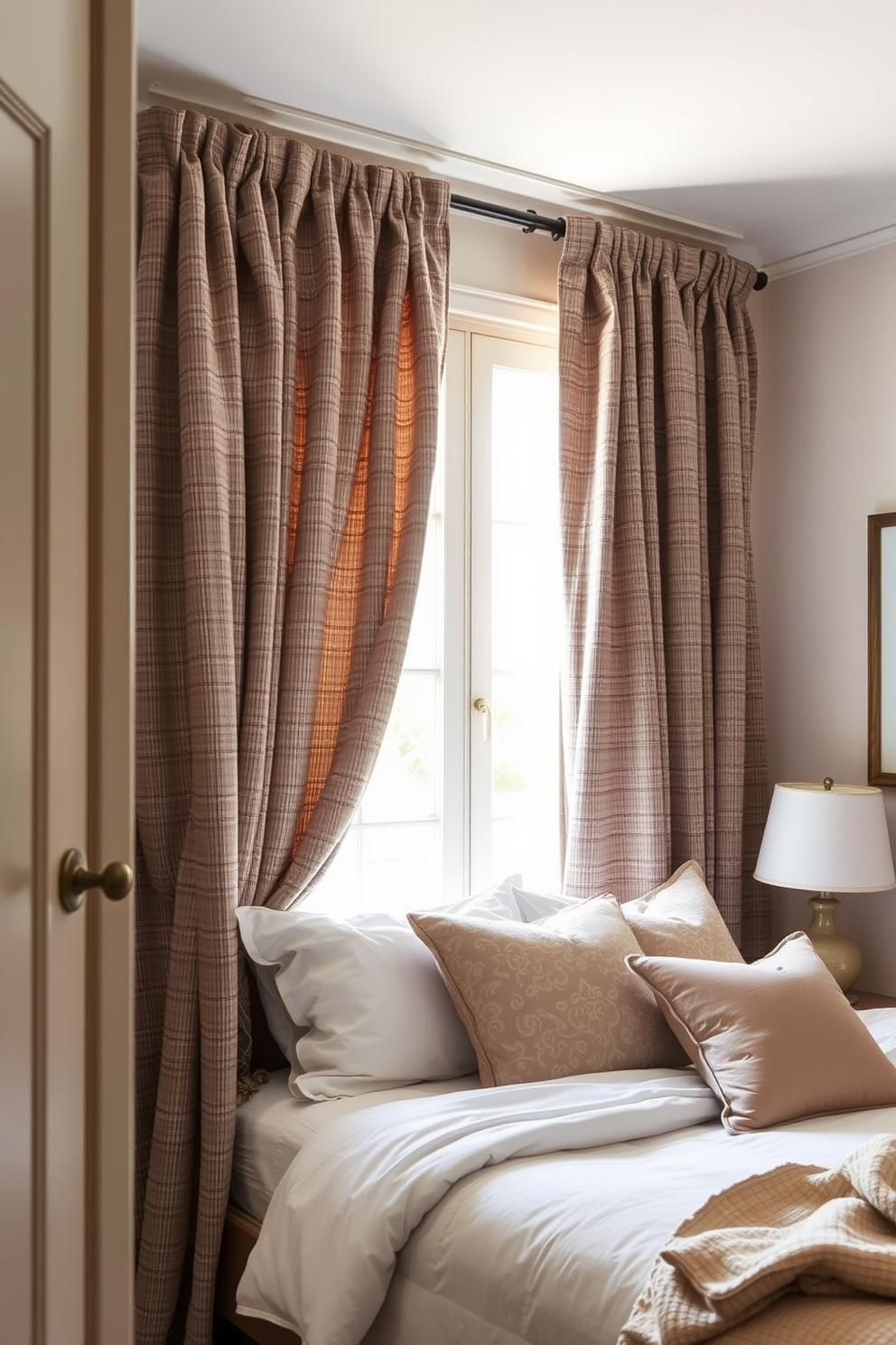 A cozy bedroom featuring textured fabric curtains that add depth and interest to the space. The curtains are in a soft, muted color that complements the bedding and decor, creating a harmonious and inviting atmosphere.