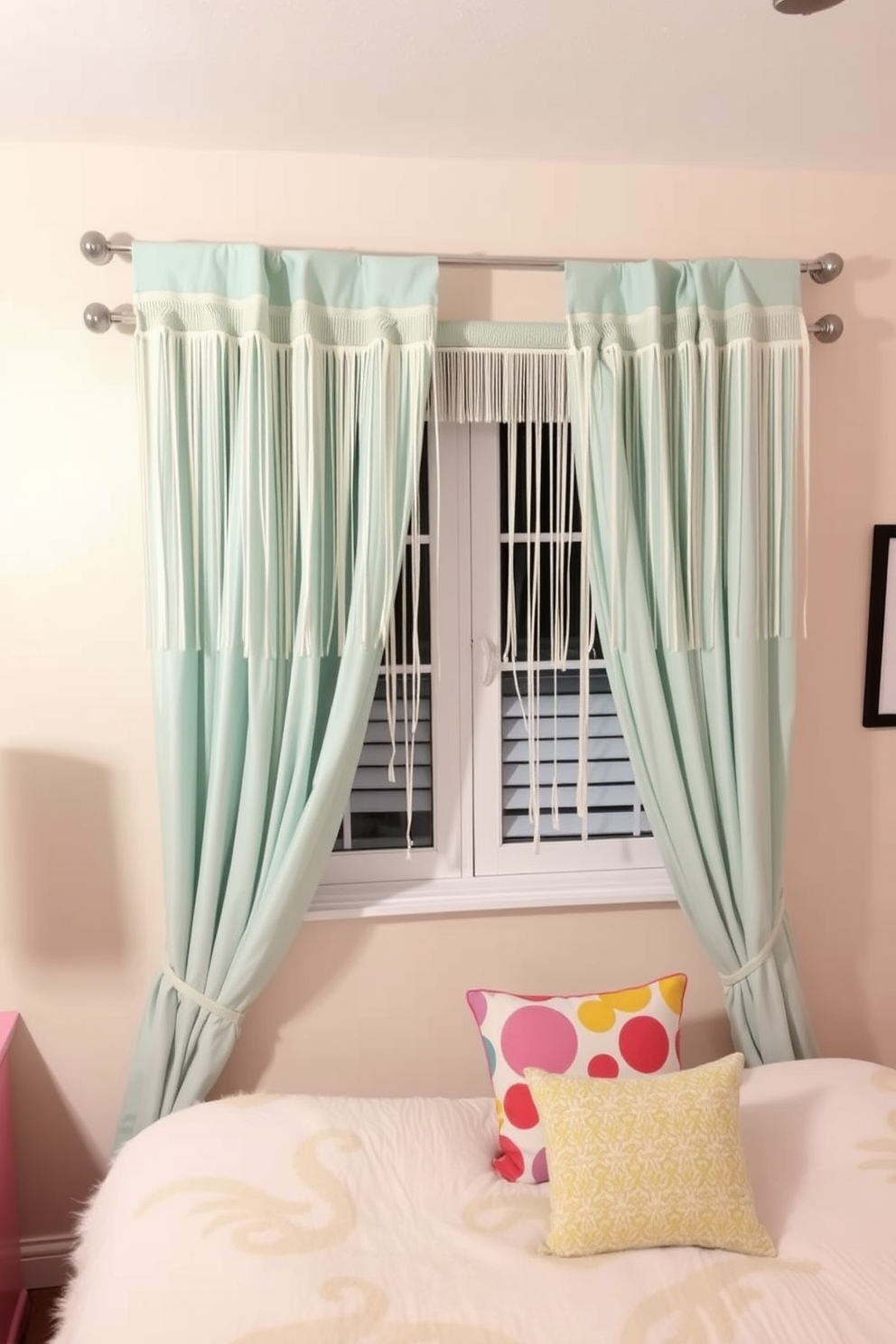 A playful bedroom setting featuring fringe curtains that add a fun and whimsical touch to the space. The curtains are in a soft pastel color, cascading elegantly from a sleek curtain rod, creating a cozy and inviting atmosphere. The walls are painted in a light neutral tone, complementing the vibrant curtains beautifully. A plush bed with colorful throw pillows sits beneath the window, enhancing the cheerful ambiance of the room.