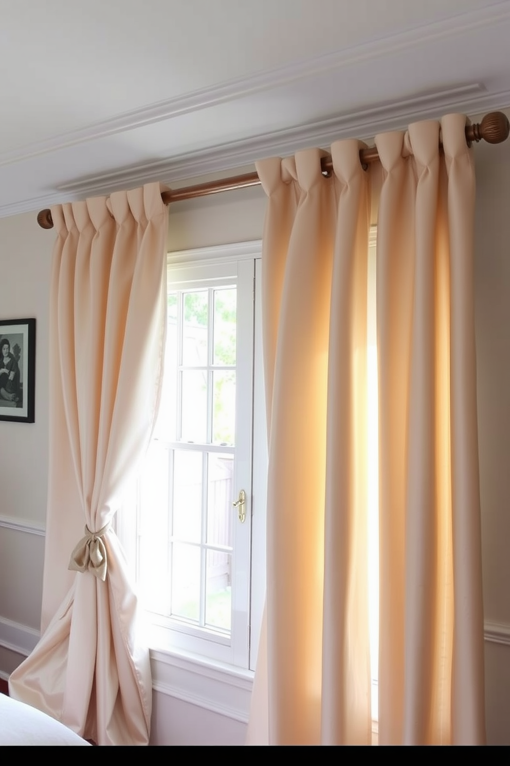 Chic silk curtains drape elegantly from a polished wooden rod, adding a touch of luxury to the room. The soft sheen of the fabric complements the neutral color palette, enhancing the overall upscale atmosphere. The curtains are floor-length, pooling slightly at the base for an opulent look. Delicate tiebacks made of satin hold the curtains open, allowing natural light to filter in beautifully.