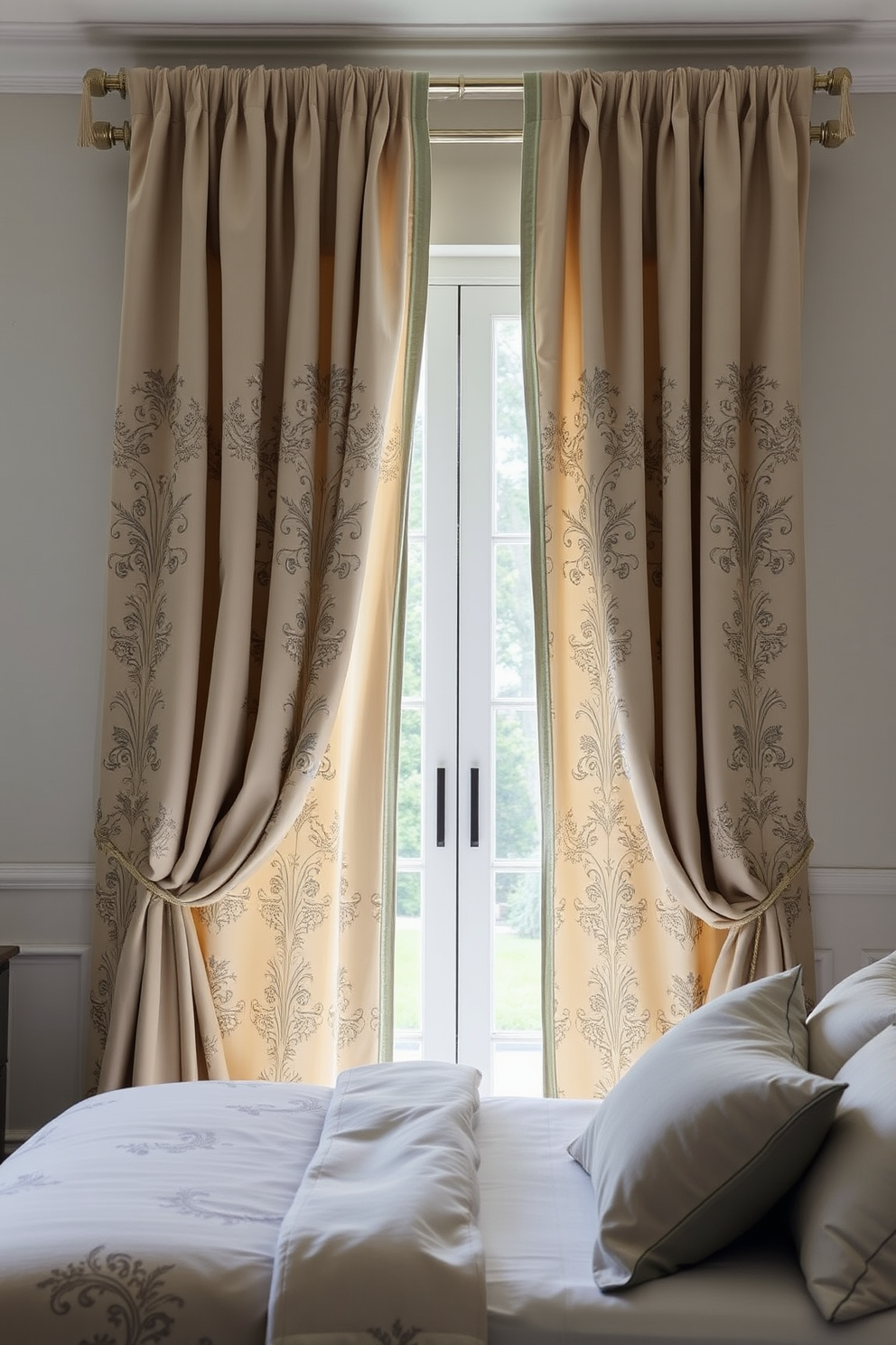 A serene bedroom setting featuring hemp curtains that softly filter natural light. The curtains are a warm beige tone, complementing the organic textures of the room's decor. The bed is adorned with crisp white linens and a knitted throw, creating a cozy atmosphere. A wooden bedside table holds a small potted plant, enhancing the eco-friendly theme of the space.