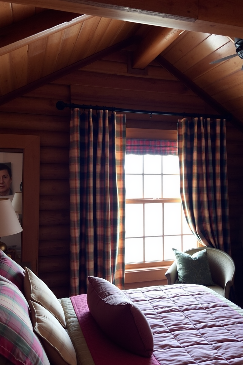 A warm and inviting bedroom featuring rustic plaid curtains that frame a large window, allowing soft natural light to filter through. The curtains are in earthy tones of red, green, and beige, complementing the wooden beams and log walls of the cabin. The bedding includes a plush quilt in coordinating colors, layered with decorative pillows for added comfort. A cozy reading nook is positioned by the window, complete with a comfortable chair and a small side table, enhancing the cabin's charm.