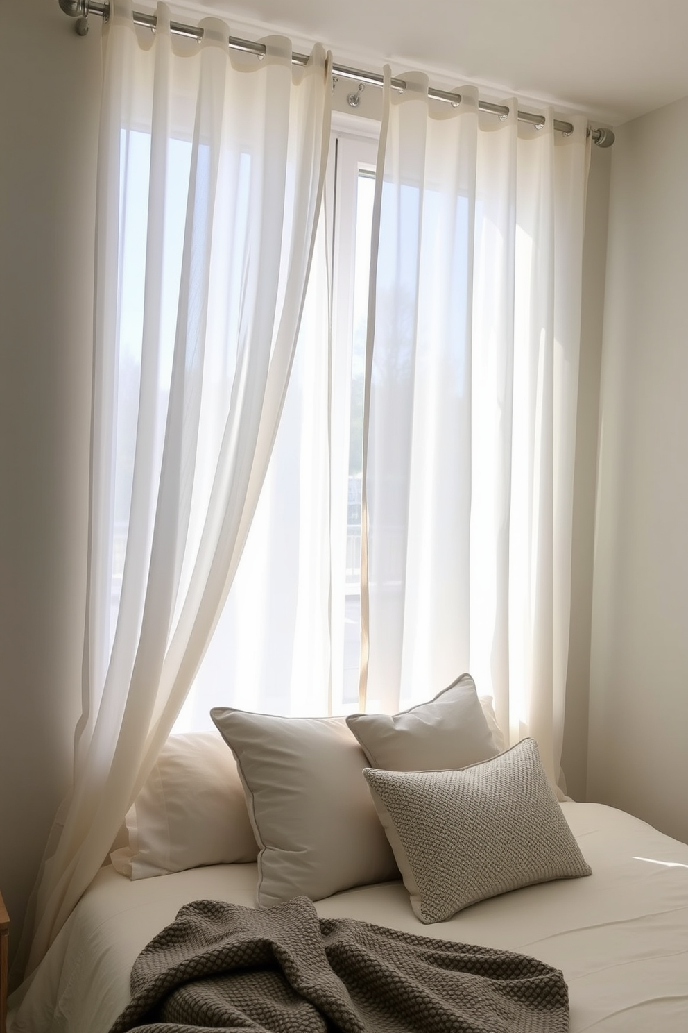 A serene bedroom setting featuring translucent curtains that gently diffuse soft natural light. The curtains are elegantly draped from a sleek curtain rod, creating a calming atmosphere in the room. The walls are painted in a soft pastel hue, complementing the light fabric of the curtains. A cozy bed adorned with plush pillows and a textured throw blanket sits beneath the window, inviting relaxation.