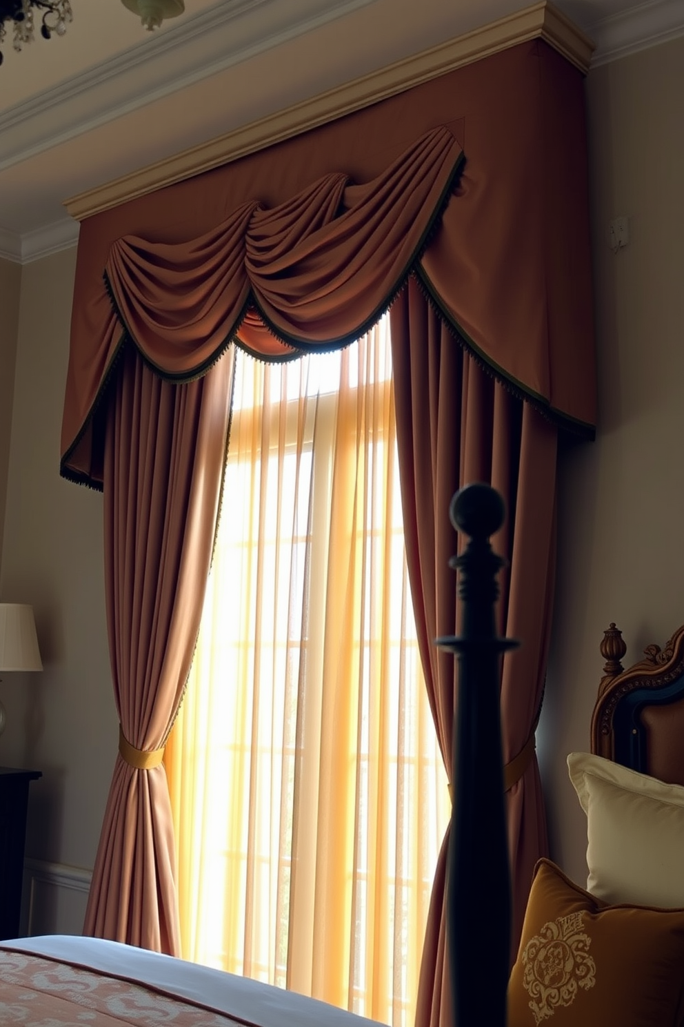 A serene bedroom featuring elegant curtains with intricate embroidery that adds an artistic touch to the space. The curtains gracefully frame a large window, allowing soft natural light to filter in, enhancing the overall ambiance of the room.