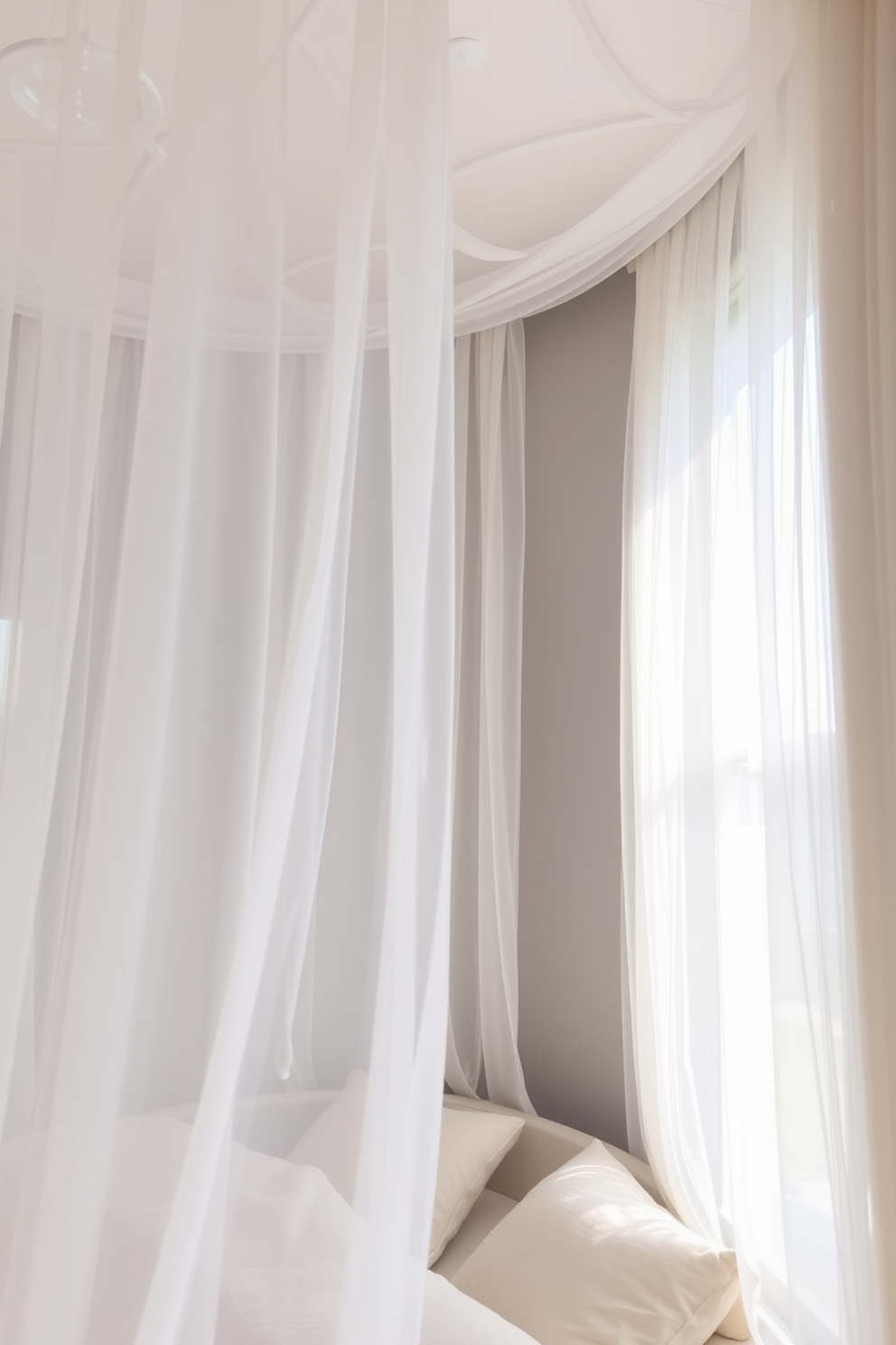 Swagged curtains drape elegantly from a wooden rod, creating a soft and inviting ambiance in the bedroom. The fabric is a luxurious velvet in a deep burgundy hue, complemented by delicate lace trim that adds a touch of romance. The curtains cascade to the floor, pooling slightly to enhance the opulent look. Natural light filters through, casting gentle shadows that dance on the walls, while the overall design evokes a cozy and intimate atmosphere.