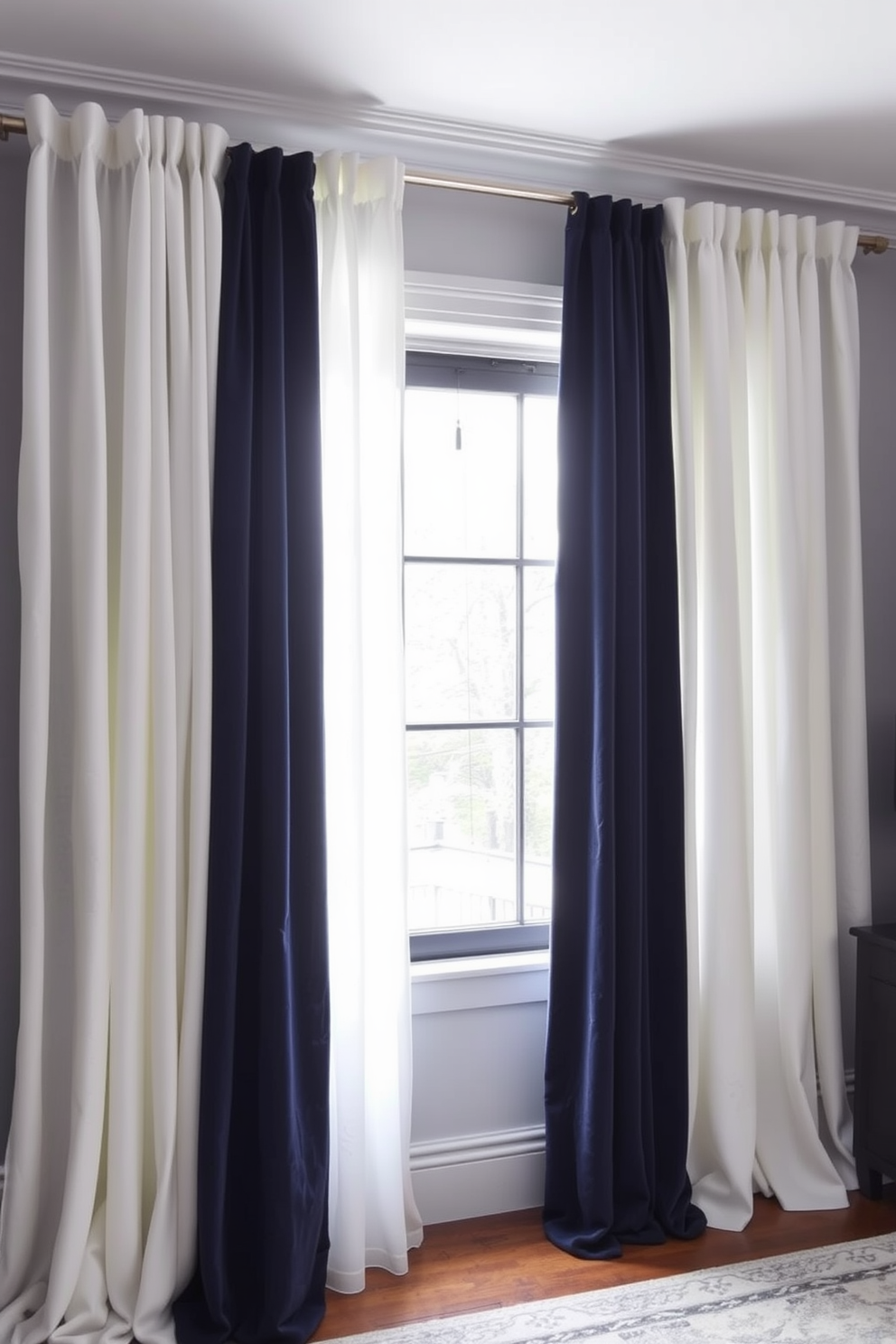 A cozy bedroom featuring layered curtains that add texture and warmth. The curtains are a combination of sheer white fabric and rich velvet in a deep navy blue, elegantly draped to frame a large window.