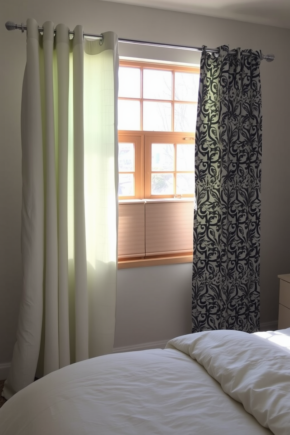 A serene bedroom featuring natural fiber curtains that create an organic look. The curtains are softly draped, allowing gentle light to filter through while adding warmth to the space. The walls are painted in a soft beige, complementing the earthy tones of the curtains. A cozy bed adorned with textured pillows sits beneath the windows, enhancing the inviting atmosphere.