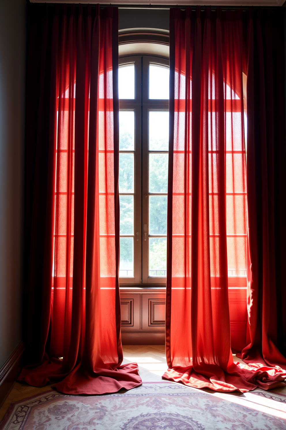 Luxurious velvet curtains drape elegantly from a gold curtain rod, adding a touch of sophistication to the bedroom. The rich, deep color of the fabric complements the soft tones of the bedding and enhances the overall ambiance of relaxation and comfort. These curtains feature intricate patterns that catch the light beautifully, creating a stunning visual effect. The floor-to-ceiling design allows for ample natural light when drawn back, while providing privacy when closed.