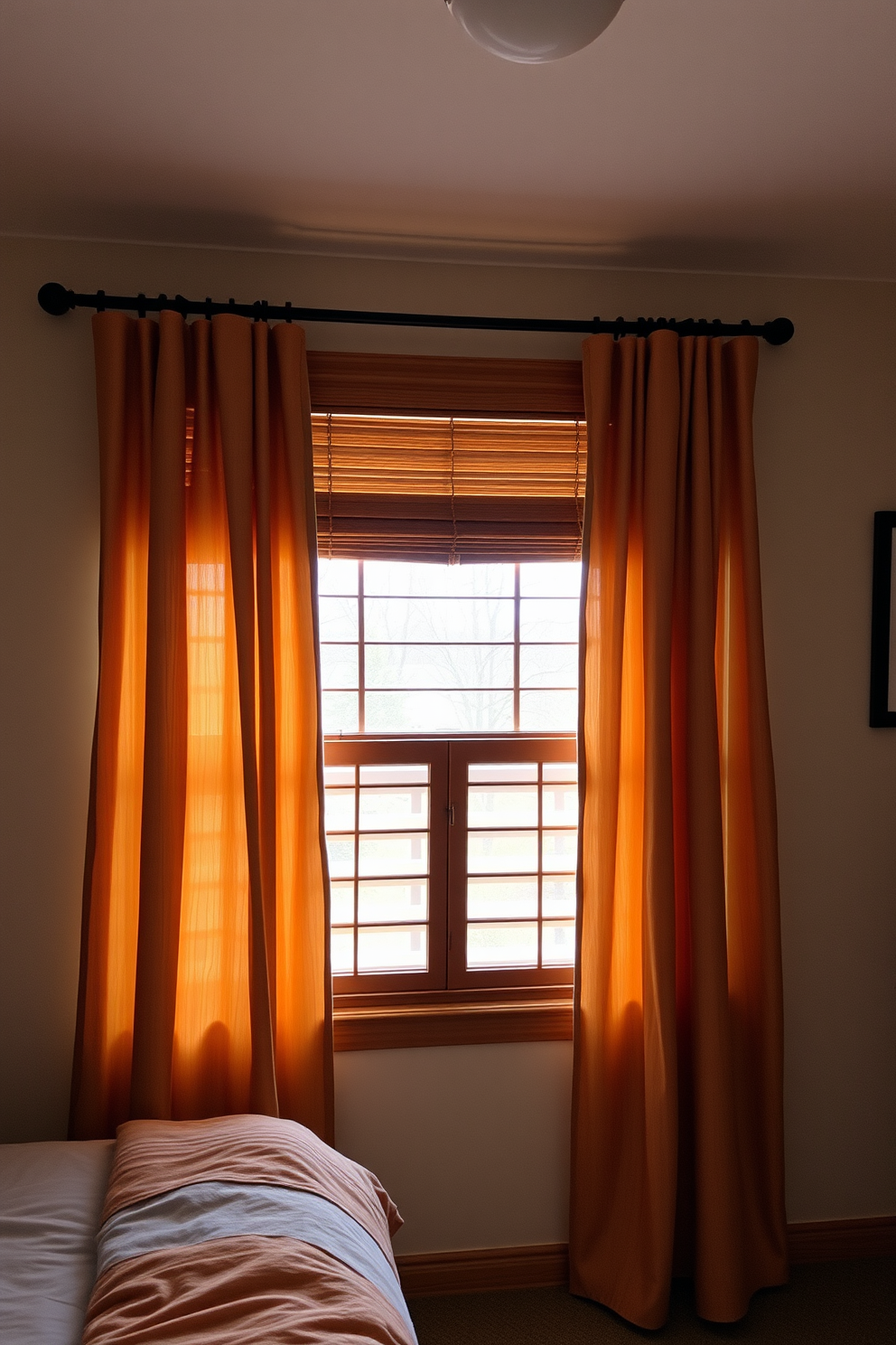 A cozy bedroom featuring wooden blinds that add a rustic touch to the space. The blinds are complemented by soft, flowing curtains in a warm, earthy tone that frame the windows beautifully.