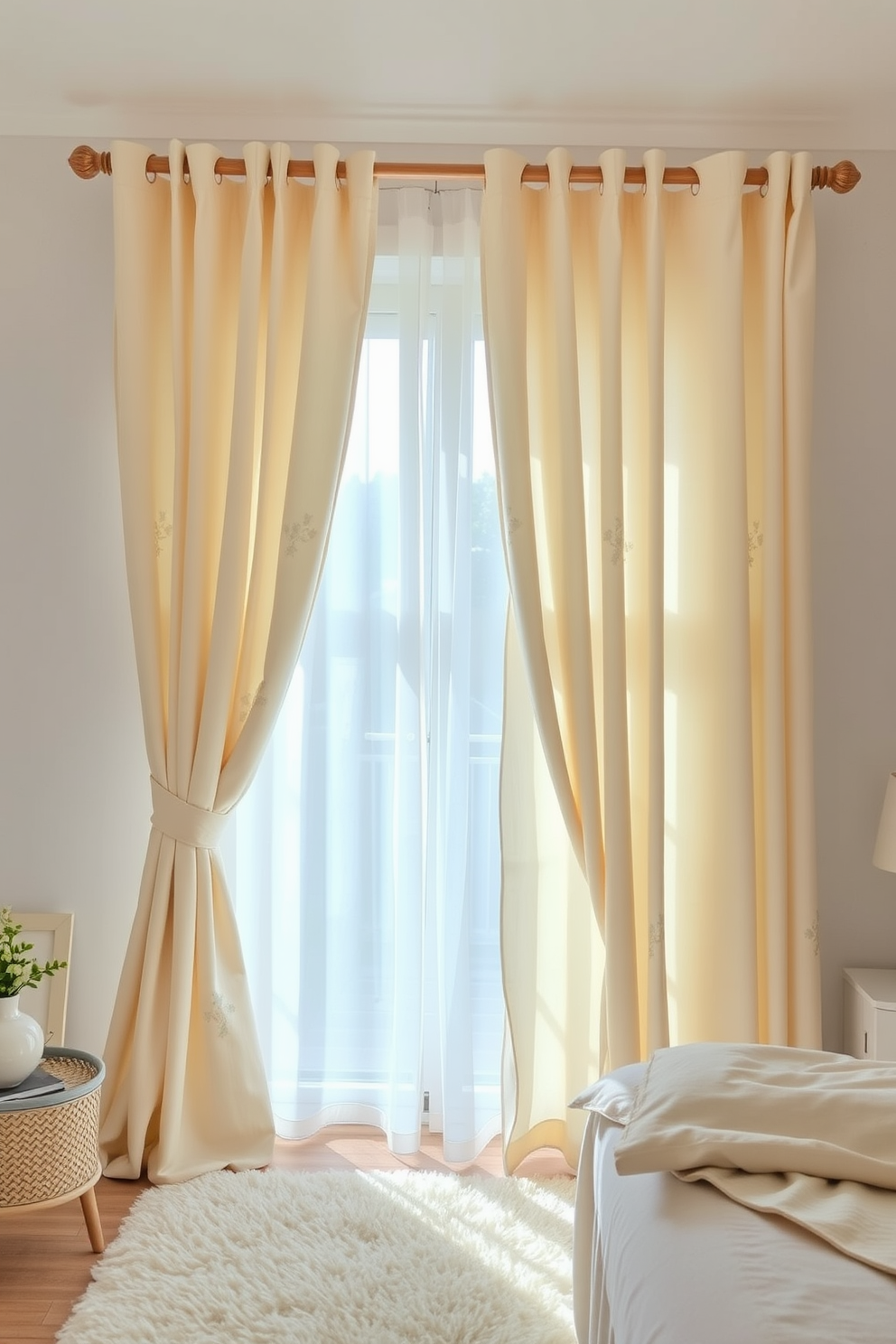 Soft pastel curtains drape elegantly from a wooden rod, adding a gentle touch of color to the serene bedroom atmosphere. The light fabric allows natural light to filter through, creating a warm and inviting ambiance. The curtains feature subtle floral patterns, enhancing the overall decor while maintaining a soft and airy feel. Paired with neutral-toned bedding and a plush area rug, the space exudes a cozy and tranquil vibe.