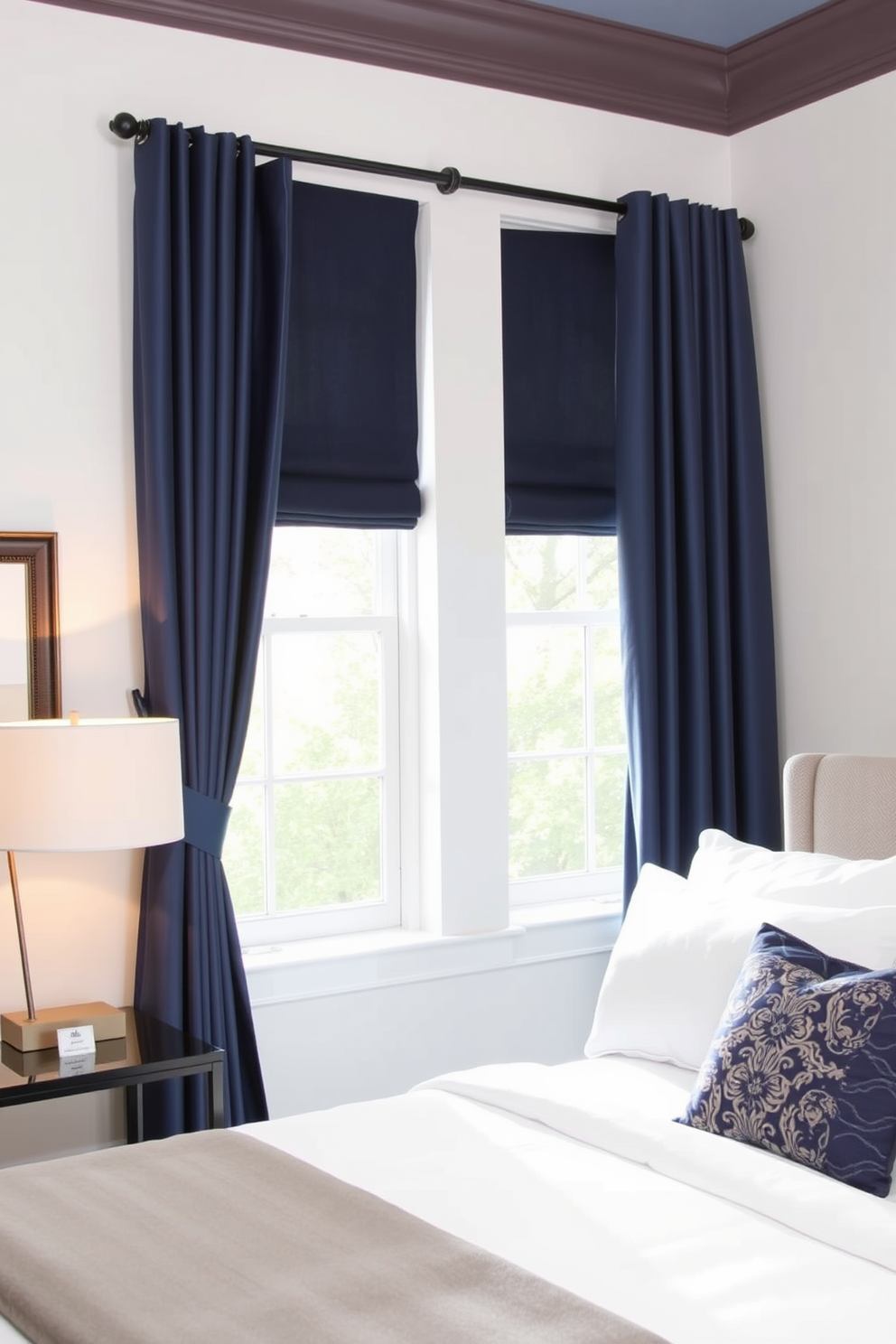 A serene bedroom setting featuring luxurious blackout curtains that elegantly frame the windows. The curtains are made of a rich fabric in a deep navy blue, creating a dramatic contrast against the soft, neutral walls. The room is adorned with a plush bed dressed in crisp white linens and decorative pillows that complement the curtain color. A stylish bedside table holds a modern lamp, casting a warm glow in the inviting space.