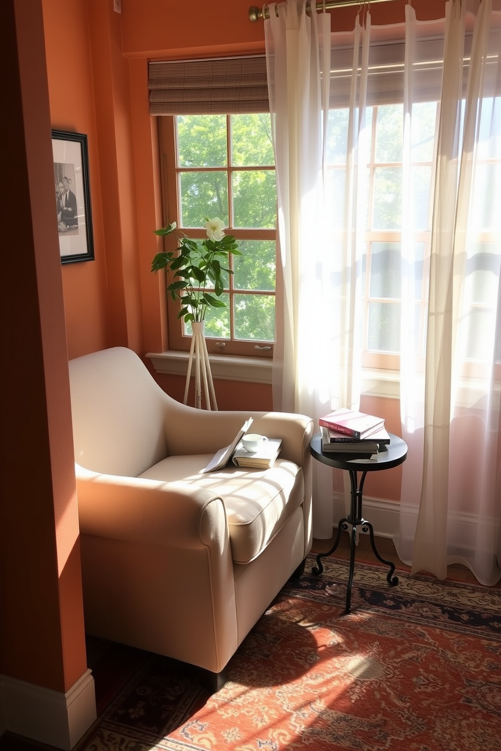 A cozy reading nook by the window features a plush armchair upholstered in soft fabric. A small side table holds a steaming cup of tea and a stack of well-loved books, while natural light pours in through sheer curtains. The walls are painted in a warm, inviting hue that complements the overall decor. A colorful area rug lies beneath the chair, adding texture and warmth to the space.