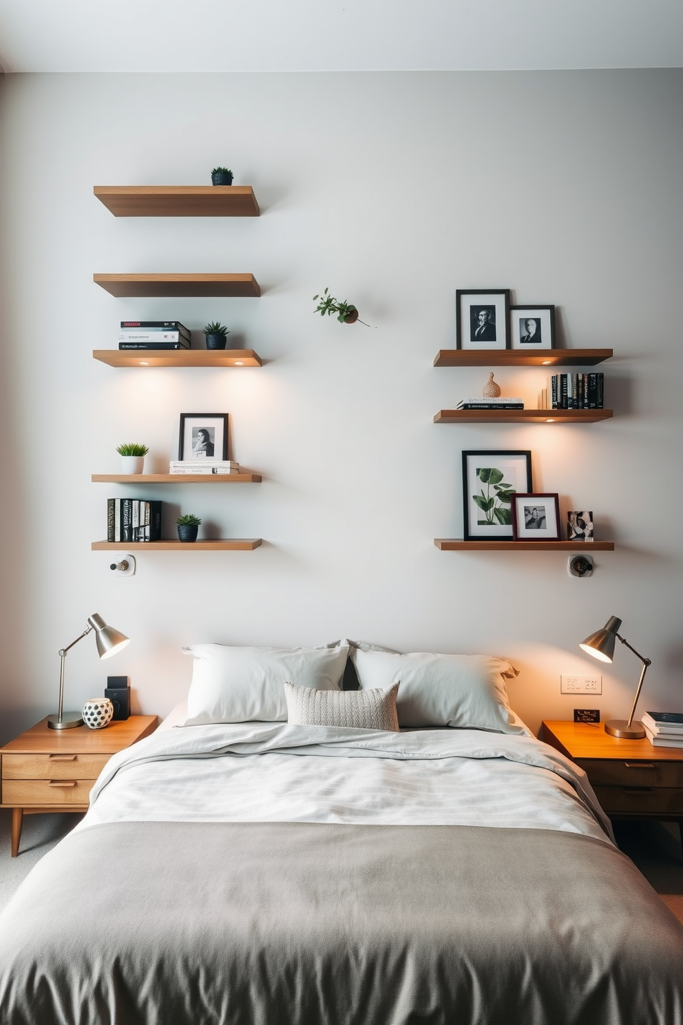 A serene bedroom featuring floating shelves elegantly mounted on the walls. The shelves are adorned with carefully curated decor items, including books, plants, and framed photographs, adding a personal touch to the space. The bed is positioned centrally, dressed in luxurious linens and complemented by bedside tables that harmonize with the floating shelves. Soft lighting from stylish lamps creates a warm and inviting atmosphere, enhancing the overall aesthetic of the room.