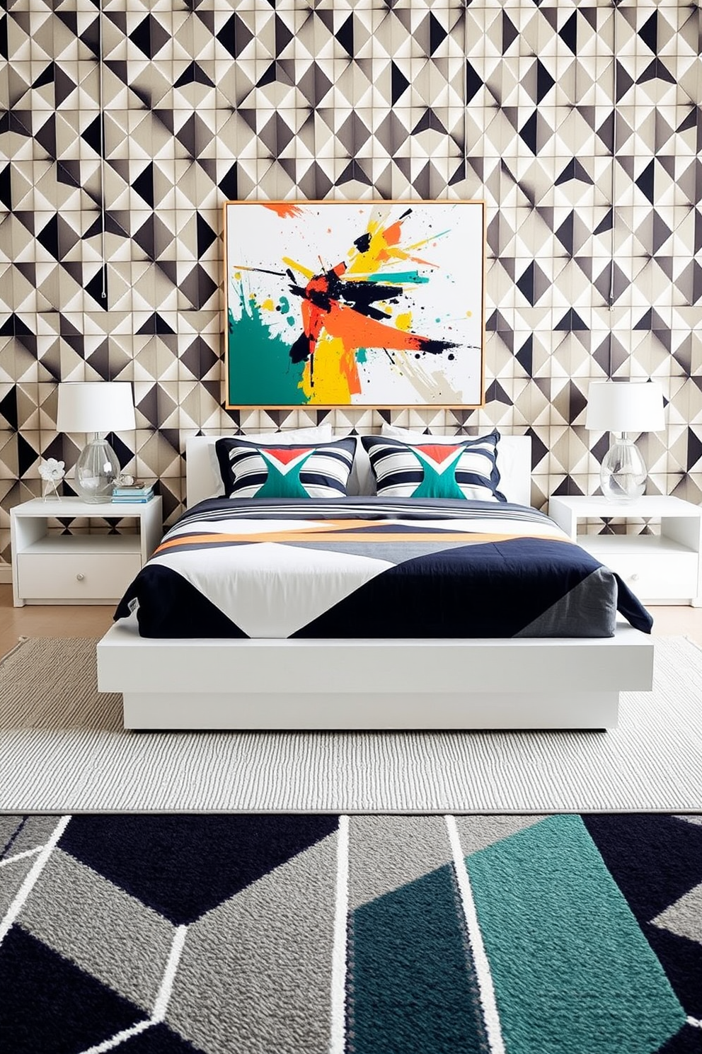 A modern bedroom featuring geometric patterns throughout the decor. The walls are adorned with a bold geometric wallpaper, and the bedding incorporates a mix of triangles and stripes in complementary colors. A sleek platform bed with a low profile is positioned against the wall, flanked by minimalist nightstands. A statement rug with a geometric design anchors the space, while a large abstract painting adds a pop of color above the bed.