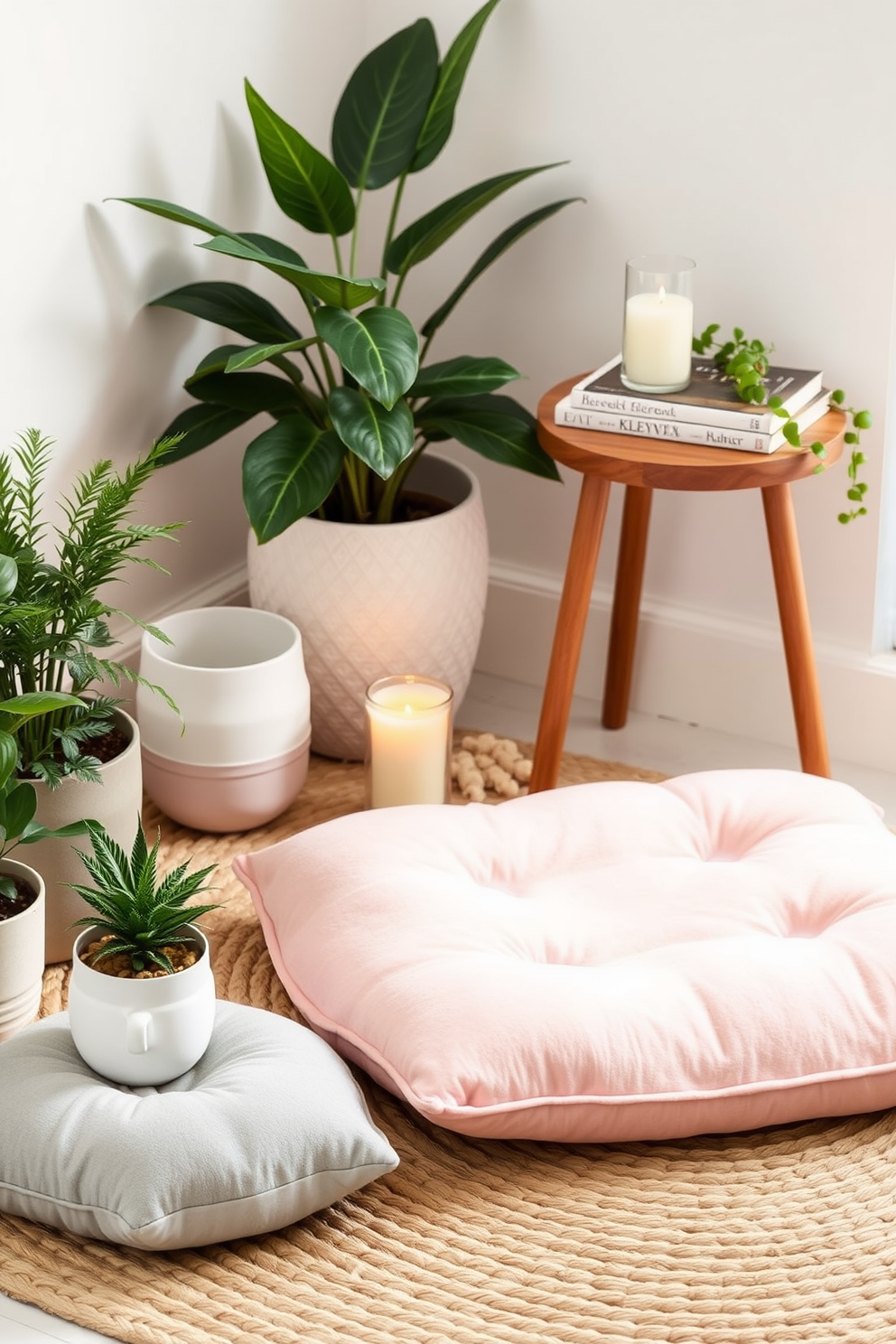 A serene meditation corner features a plush floor cushion in soft pastel colors placed on a natural jute rug. Surrounding the cushion are potted plants that bring a touch of nature indoors, while a small wooden side table holds a calming candle and a stack of inspirational books.