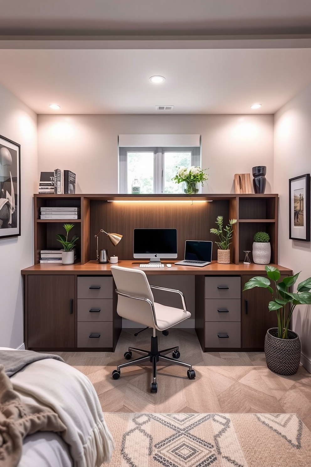 Design a multifunctional workspace in a bedroom that seamlessly integrates a desk with built-in storage and a cozy reading nook. The room features a neutral color palette with soft lighting, a comfortable chair, and decorative plants to enhance productivity and relaxation.