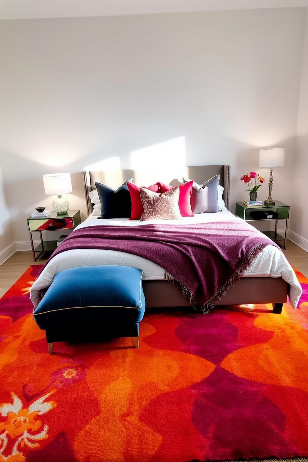 A bold rug in vibrant colors lies at the center of the room, adding warmth and character to the space. Surrounding the rug, a plush bed with an upholstered headboard is adorned with an array of decorative pillows in complementary hues. Soft lighting from bedside lamps creates an inviting atmosphere, while a stylish nightstand holds personal items and a small decorative plant. The walls are painted in a soft neutral tone, enhancing the boldness of the rug and creating a harmonious balance in the bedroom.