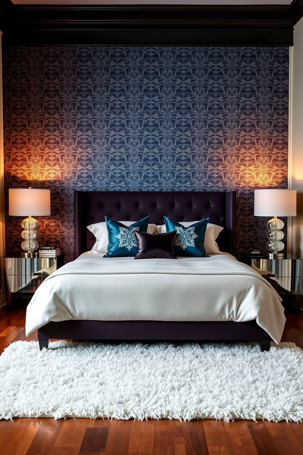 A cozy bedroom featuring a bold accent wall adorned with intricate floral wallpaper. The room is furnished with a plush king-sized bed dressed in luxurious linens, complemented by elegant bedside tables with stylish lamps.