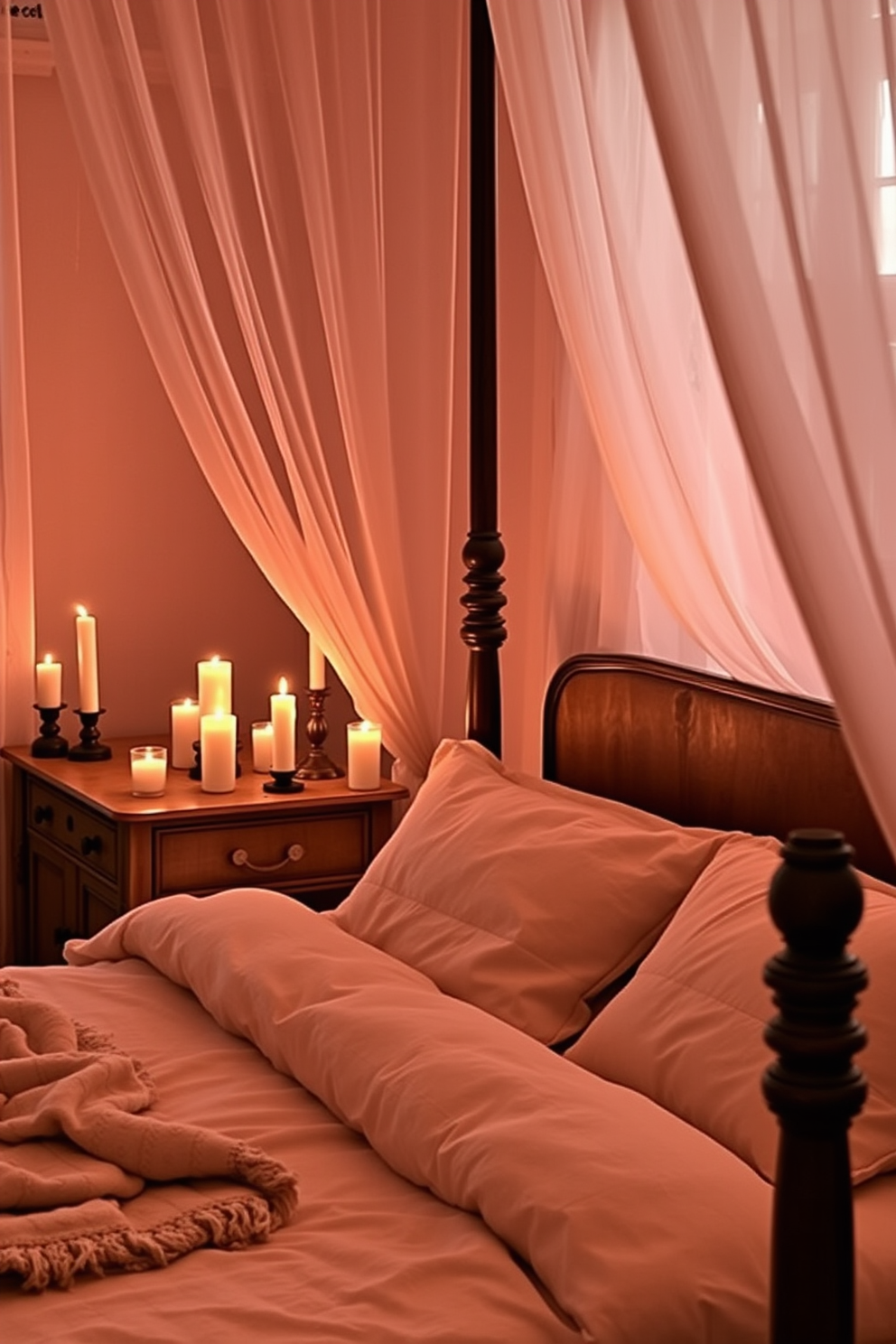 A romantic bedroom setting with soft, ambient candlelight illuminating the space. The bed is dressed in luxurious linens with plush pillows and a delicate throw blanket draped over the edge. A vintage wooden nightstand holds an array of candles in varying heights, casting a warm glow across the room. The walls are painted in a soft blush color, and sheer curtains flutter gently in the evening breeze.