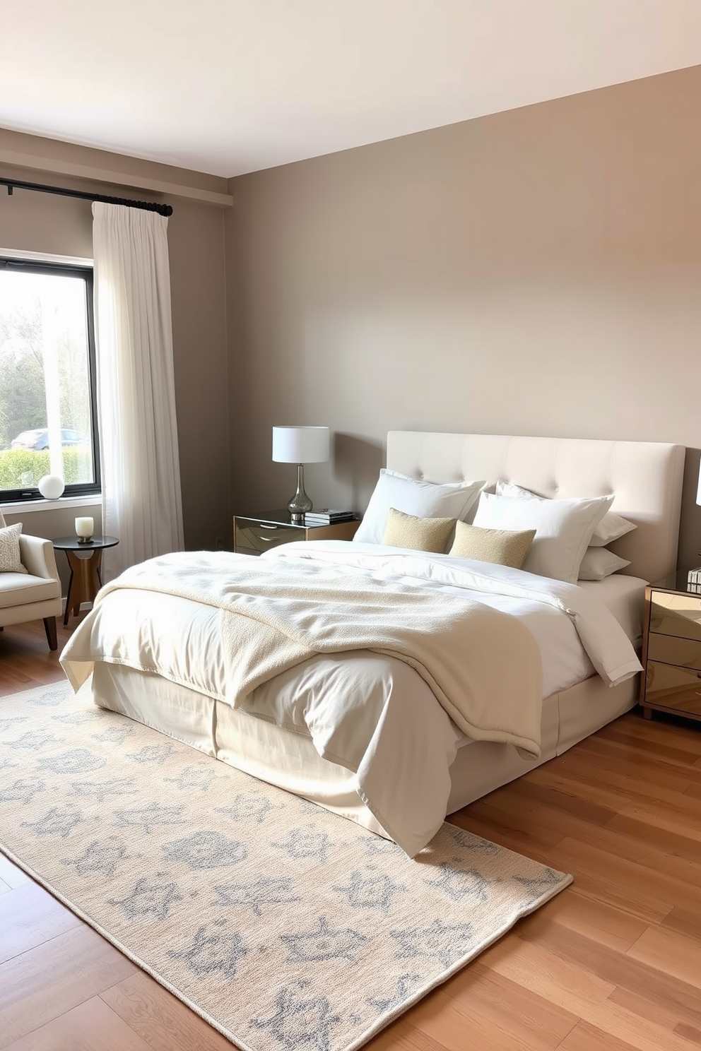 A serene bedroom featuring a plush king-sized bed dressed in soft beige linens with an oversized cream throw blanket. Flanking the bed are sleek nightstands with modern lamps, while a large window allows natural light to fill the space, adorned with sheer white curtains. The walls are painted in a soft taupe, creating a warm and inviting atmosphere. A cozy reading nook is set up in one corner with a comfortable armchair and a small side table, complemented by a large area rug that adds texture to the hardwood floor.