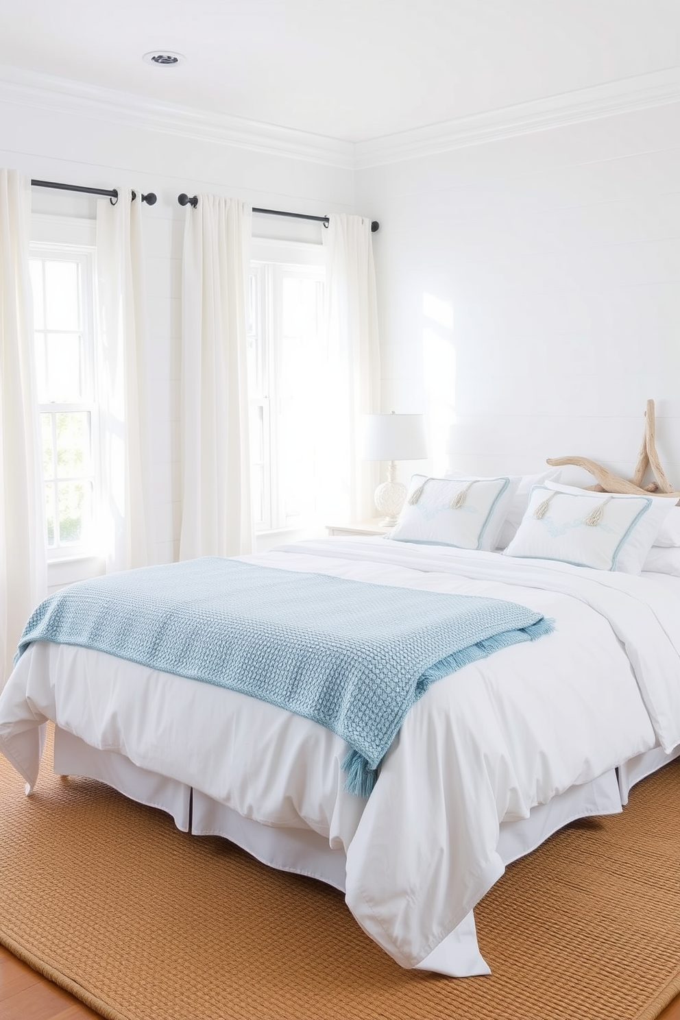 A serene coastal-themed bedroom features soft white walls adorned with light blue accents. The bed is dressed in crisp white linens with a textured blue throw blanket, and a pair of fluffy pillows complete the look. Natural light floods the room through sheer curtains, creating an airy ambiance. A woven jute rug lies beneath the bed, while driftwood-inspired decor adds a touch of beachy charm.