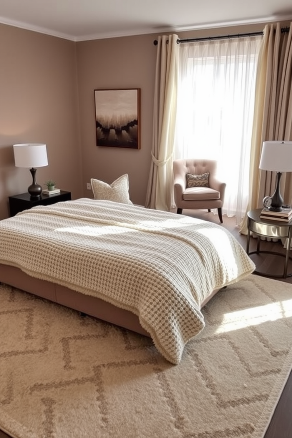 A cozy bedroom featuring a king-sized bed dressed in layered textured fabrics including a chunky knit blanket and plush throw pillows. The walls are painted in a soft taupe color, and a large area rug adds warmth underfoot, while a stylish bedside table holds a modern lamp. Natural light floods the room through sheer curtains, highlighting a comfortable reading nook with a plush armchair and a small bookshelf. A statement piece of artwork hangs above the bed, creating a focal point that complements the overall serene ambiance.