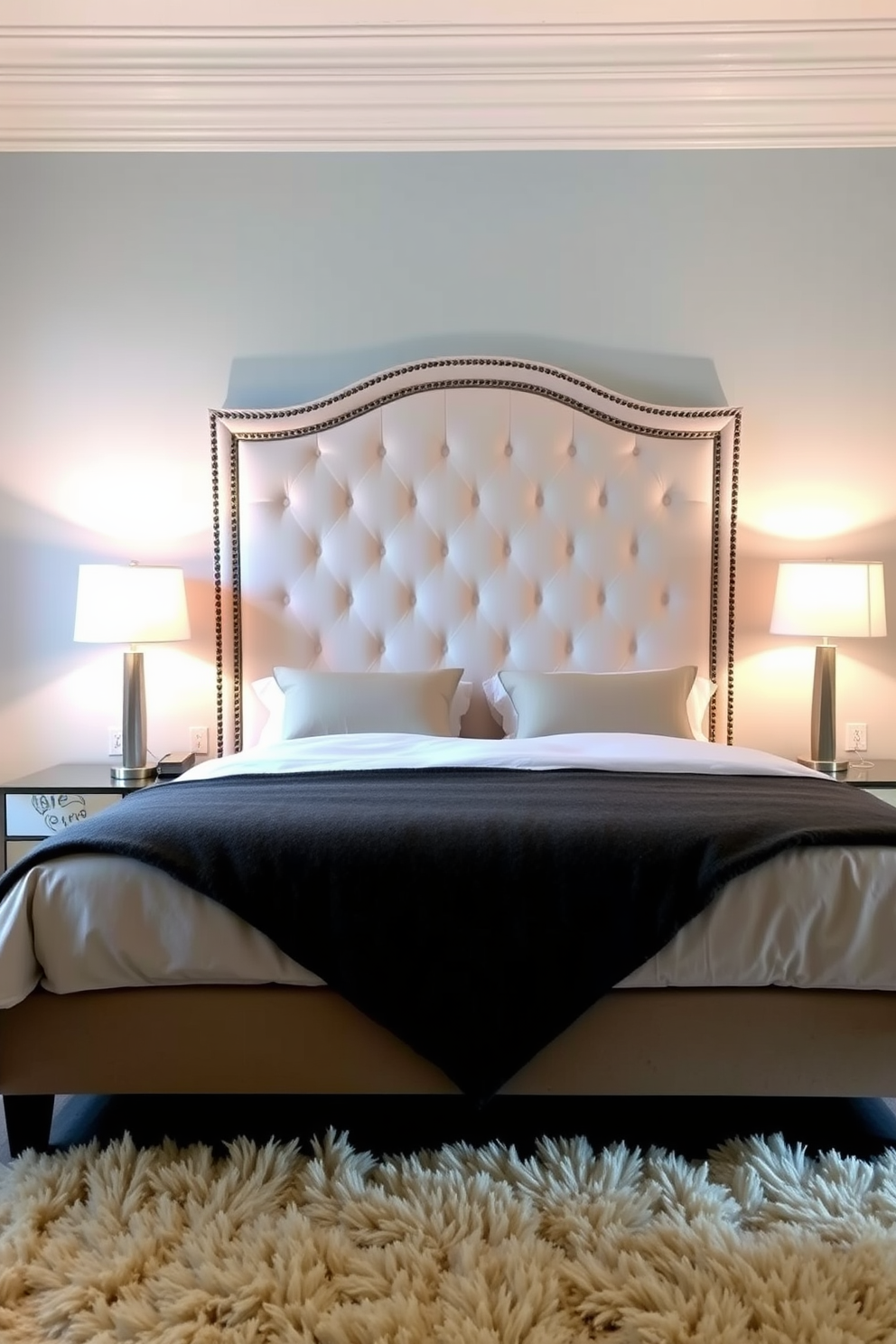 A serene bedroom setting featuring a unique upholstered headboard that serves as the focal point of the room. The headboard is adorned with intricate stitching and soft, neutral fabric, creating a cozy and inviting atmosphere. Flanking the headboard are elegant bedside tables with modern lamps that provide warm lighting. The walls are painted in a soft blue hue, while the floor is covered with a plush area rug that adds texture and comfort.