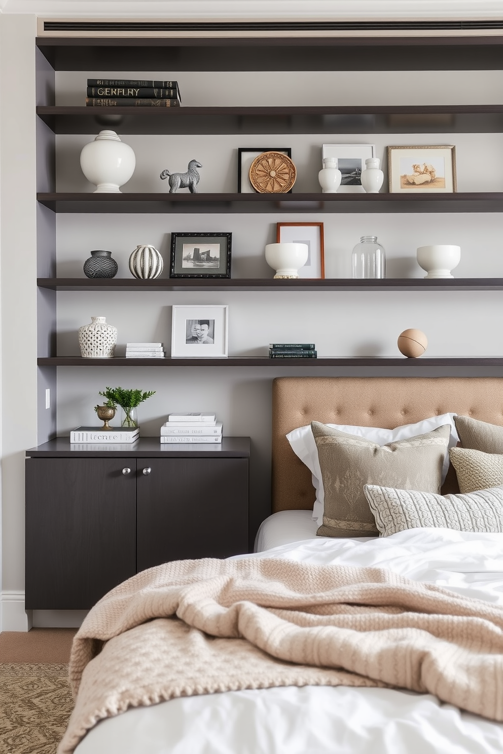 A serene bedroom setting with open shelving elegantly displaying curated decor items. The bed is dressed in soft linens, complemented by a plush throw and decorative pillows.