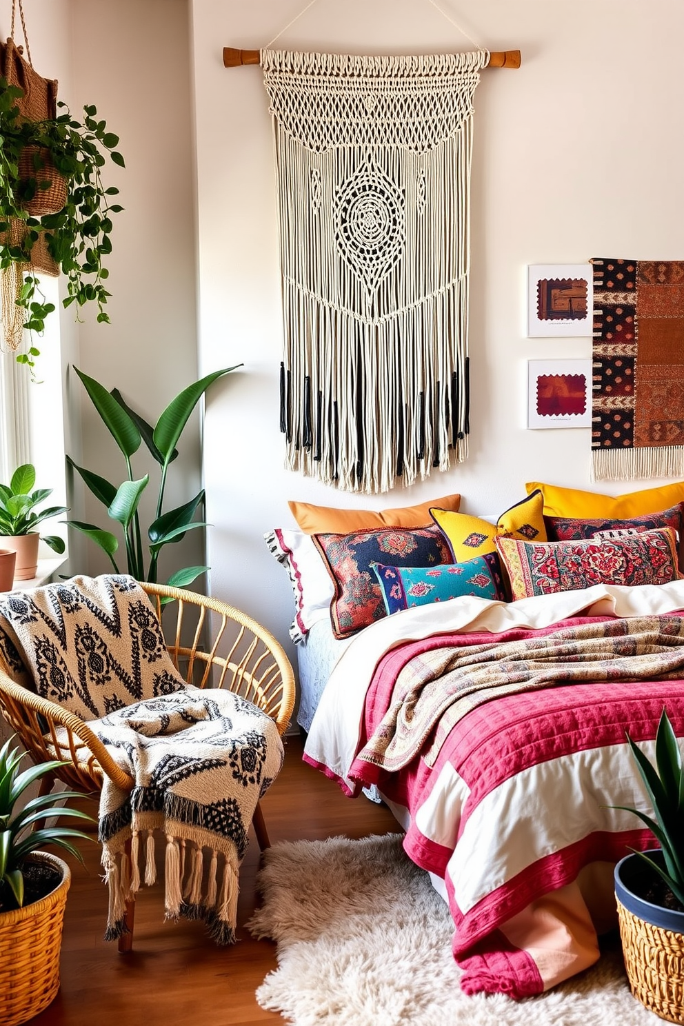 Create a cozy bedroom filled with a mix of vibrant textiles and layered bedding. A large macrame wall hanging serves as a statement piece above the bed, which is adorned with an array of colorful throw pillows. In one corner, a rattan chair is paired with a soft, patterned throw blanket. The floor is covered with a plush area rug, and potted plants add a touch of greenery to enhance the bohemian atmosphere.