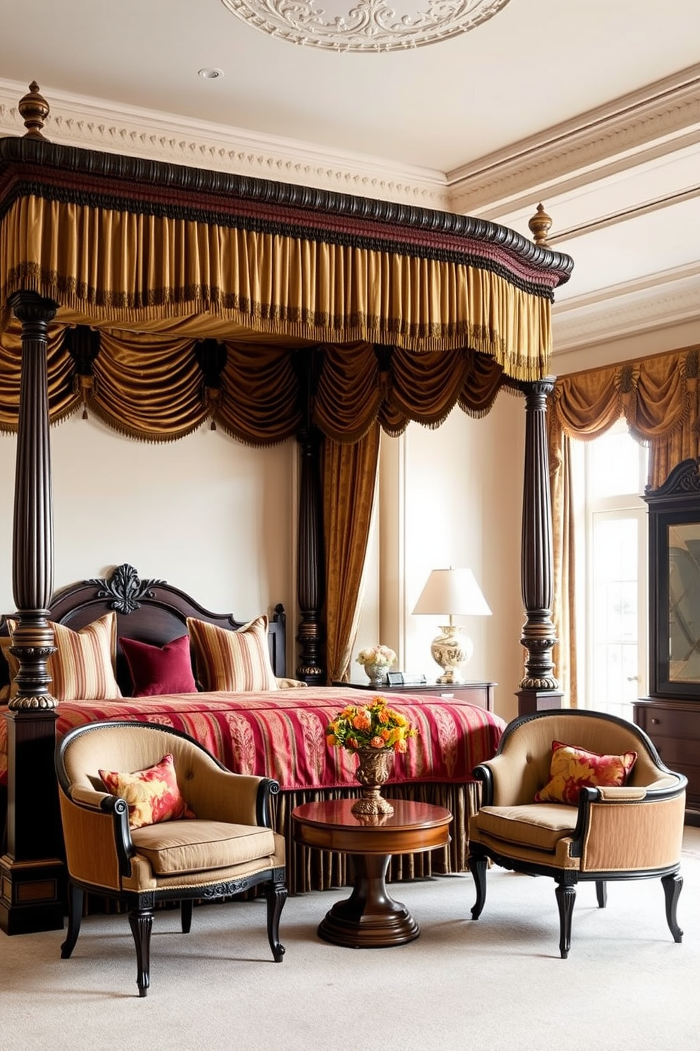 A luxurious bedroom featuring a grand four-poster bed adorned with rich fabrics and plush pillows. The walls are painted in a soft cream color, and a cozy seating area with elegant armchairs is positioned near a large window.