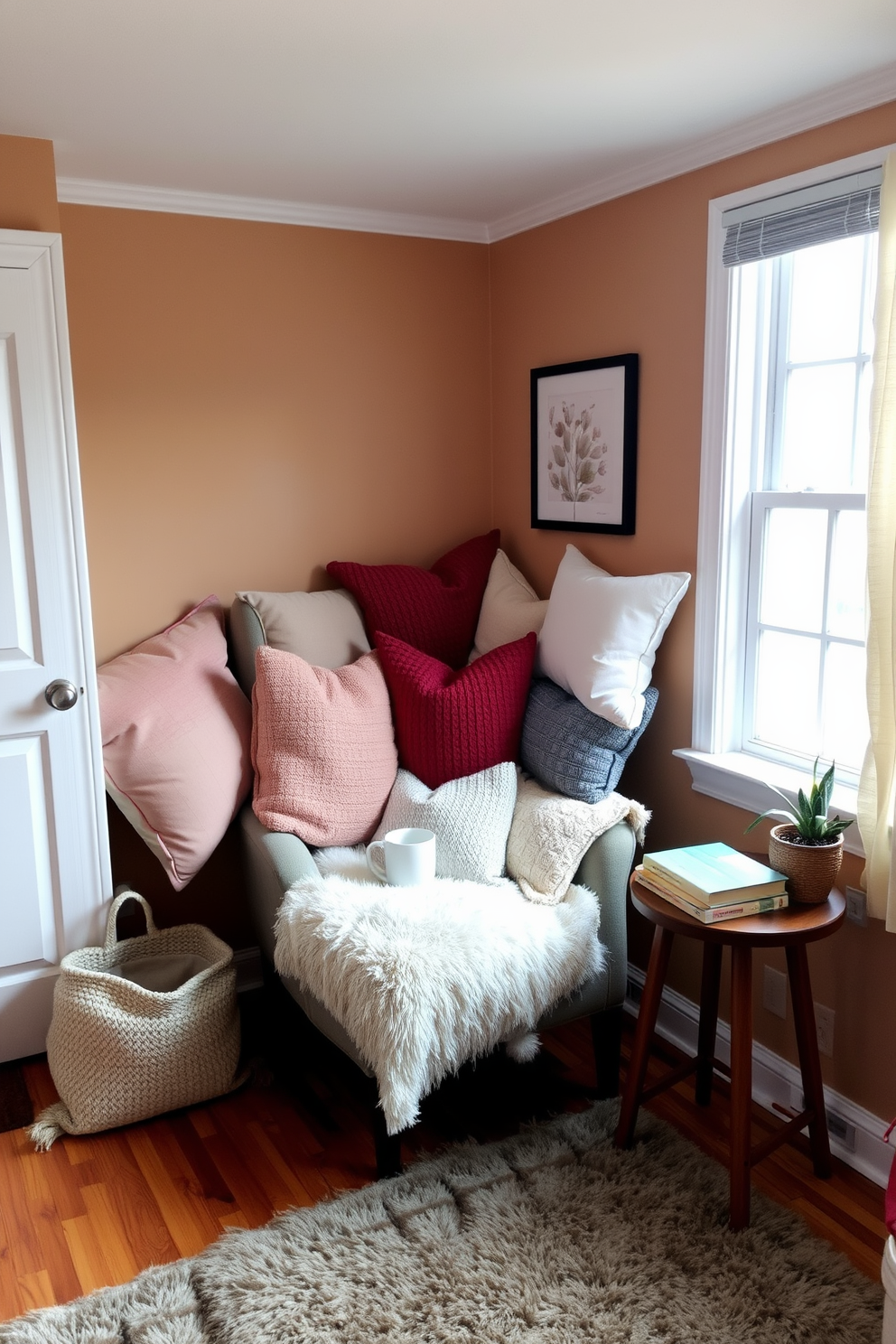 A cozy corner with an array of soft cushions in various textures and colors. The space features a comfortable armchair positioned near a window, with a small side table holding a steaming mug and a stack of books. The walls are painted in a warm neutral tone, creating an inviting atmosphere. A plush area rug adds warmth to the hardwood floor, while a potted plant brings a touch of nature into the room.