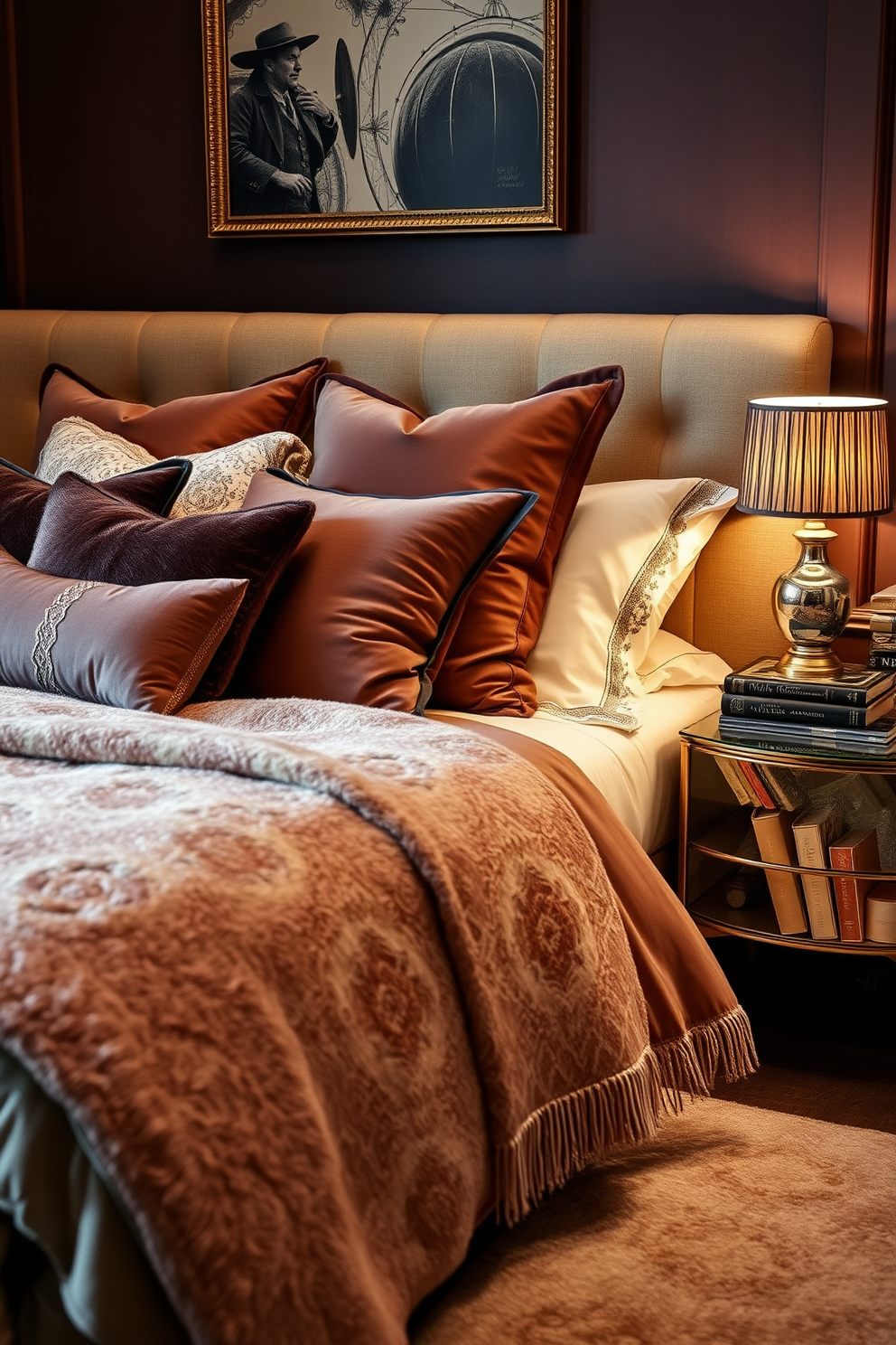 A luxurious bedroom setting featuring layered bedding with plush textures and rich colors. The bed is adorned with a mix of decorative pillows and a cozy throw blanket, creating an inviting atmosphere. Soft ambient lighting casts a warm glow, enhancing the elegant decor. A stylish nightstand holds a decorative lamp and a few curated books, adding to the overall charm of the space.