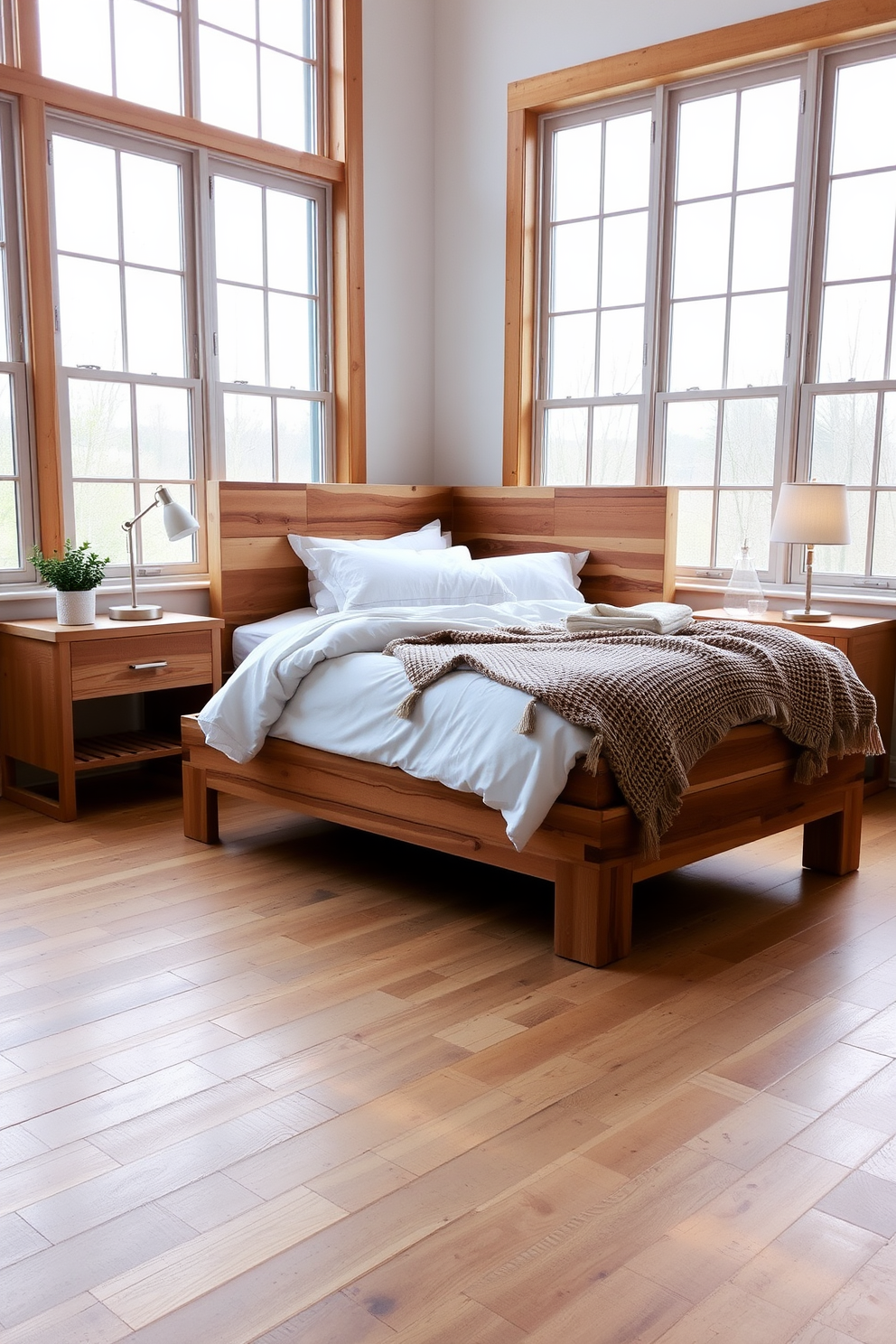 A serene bedroom setting with minimalist decor. The walls are painted in soft white, and a low-profile bed with a simple wooden frame is centered against the wall. Natural light filters in through sheer curtains, creating a calm ambiance. A small bedside table holds a single decorative plant, and a cozy area rug lies beneath the bed.