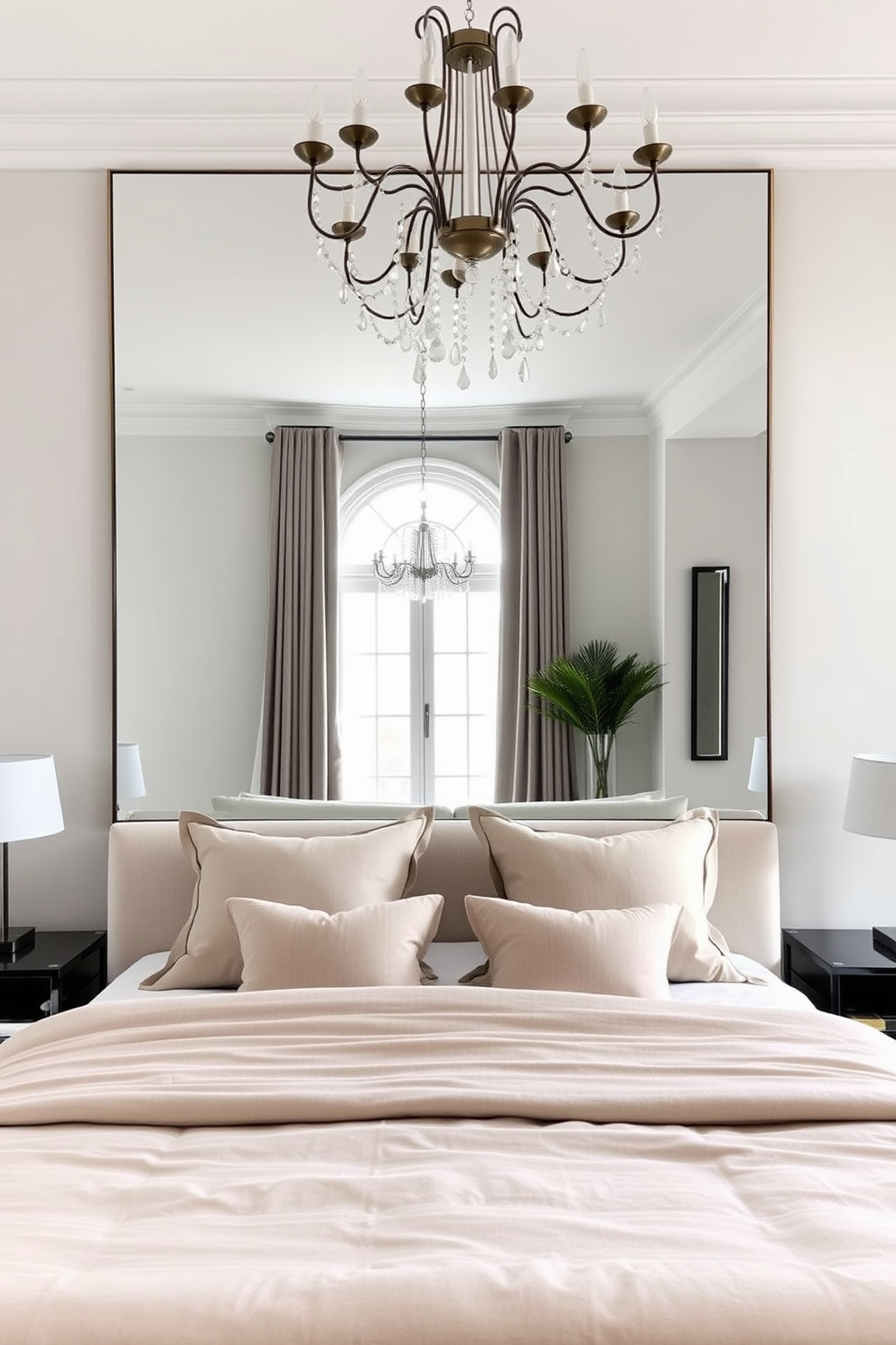 A serene bedroom setting that utilizes mirrors to enhance the sense of space. The room features a large wall mirror opposite a window, reflecting natural light and creating an airy atmosphere. The bed is dressed in soft, neutral linens with plush pillows, while a sleek nightstand sits on either side. A stylish chandelier hangs from the ceiling, adding a touch of elegance to the overall design.