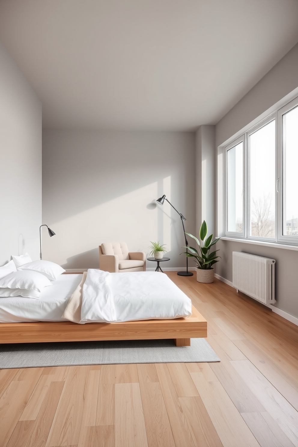 A serene bedroom featuring a low-profile platform bed with a light wood frame and crisp white linens. Large windows allow natural light to flood the room, highlighting the soft gray walls and light oak flooring. A cozy reading nook is created with a plush armchair and a small side table positioned near the window. Minimalist decor is complemented by a simple pendant light and a few carefully chosen plants for a touch of greenery.