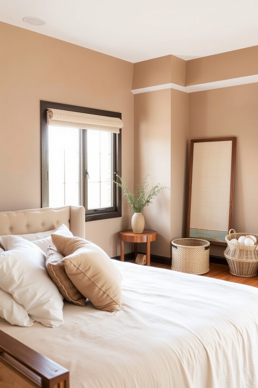 A serene bedroom with soft earthy tones that promote relaxation. The walls are painted in a warm taupe, complemented by a plush beige upholstered bed with crisp white linens. Natural wood elements are incorporated through a rustic nightstand and a woven basket in the corner. A large window allows soft, diffused light to fill the space, enhancing the tranquil atmosphere.