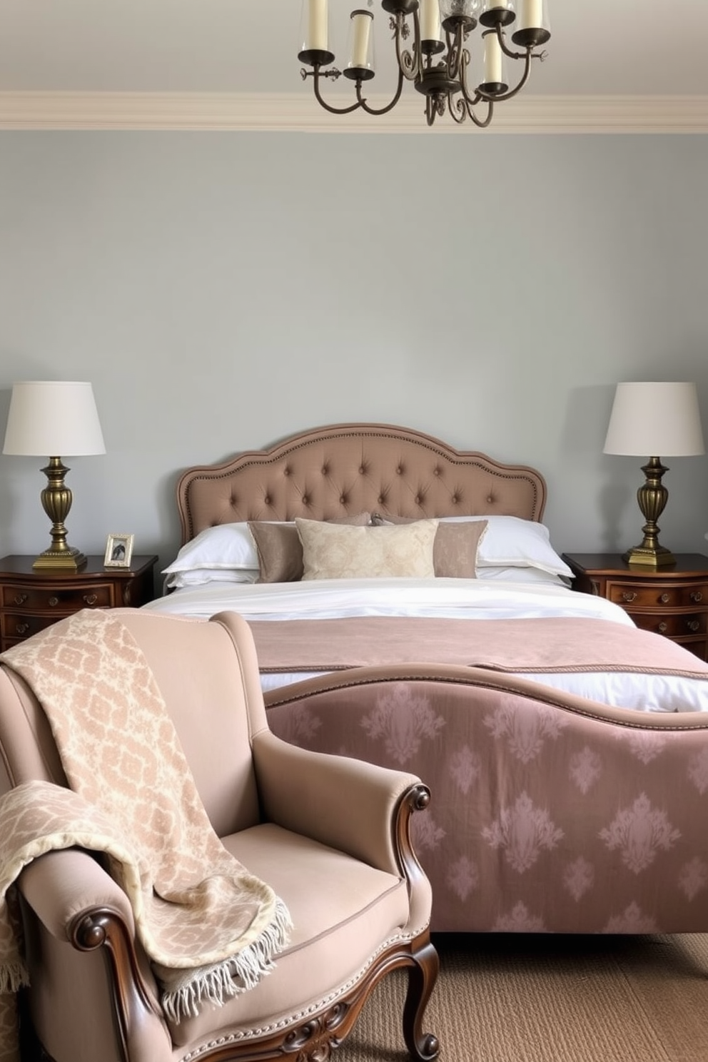 A cozy bedroom featuring vintage furniture that exudes charm. The focal point is a beautifully upholstered antique bed with a tufted headboard, dressed in soft pastel linens. Flanking the bed are two ornate nightstands made of reclaimed wood, each topped with elegant brass lamps. A vintage armchair sits in the corner, adorned with a patterned throw blanket, inviting relaxation and comfort.