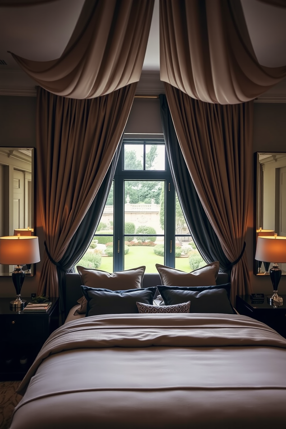 A cozy bedroom featuring two elegant accent chairs placed near a large window. The chairs are upholstered in a soft fabric with a subtle pattern, complementing the warm color palette of the room. The bed is dressed in luxurious linens, with plush pillows in coordinating hues. A stylish nightstand sits beside the bed, adorned with a modern lamp and a decorative book.