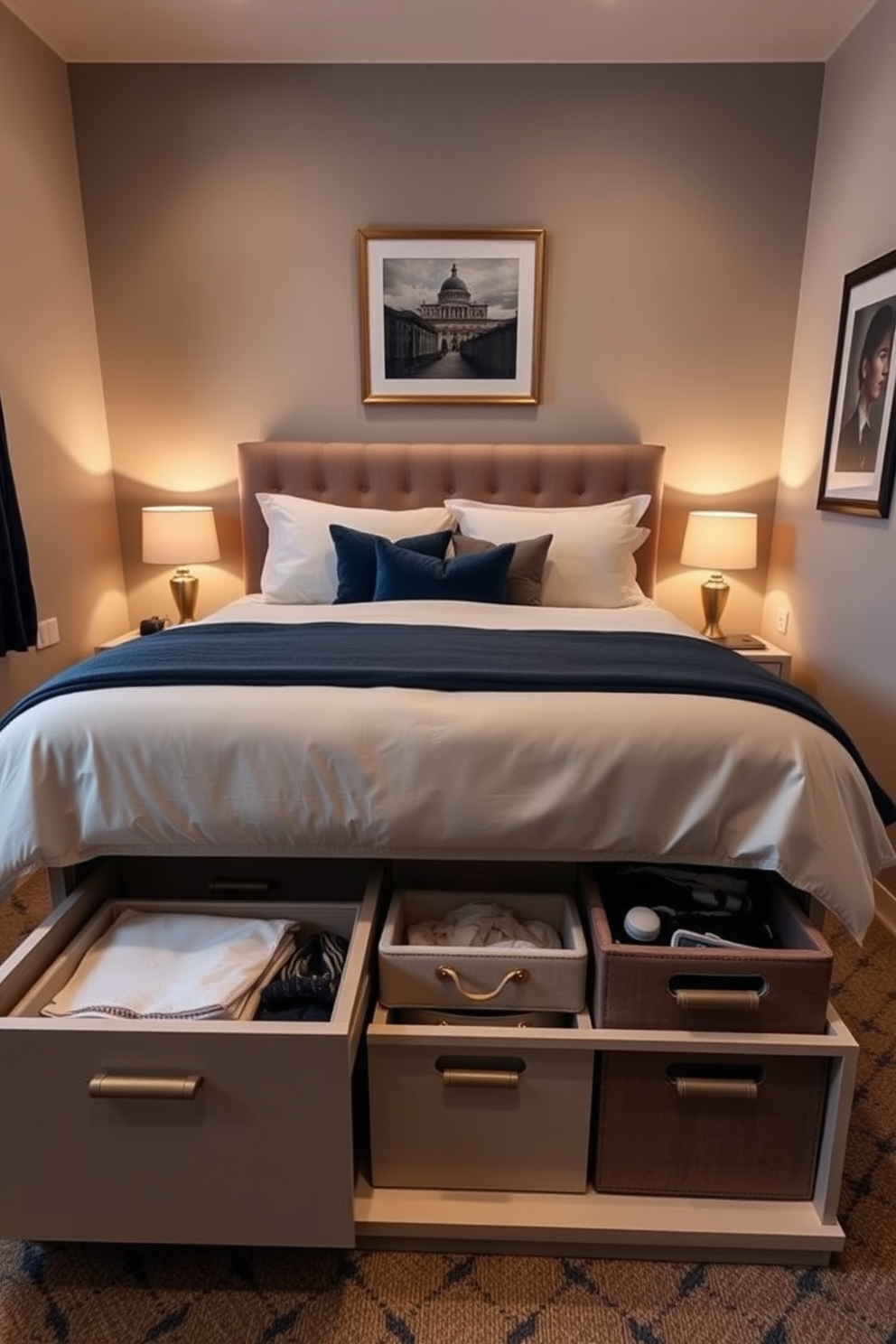 A cozy bedroom designed for couples features a spacious bed with a plush headboard and soft bedding. Underneath the bed, there is functional storage that includes pull-out drawers and bins for organizing clothes and personal items. The color palette consists of warm neutrals with accents of deep blue and gold. Soft lighting from bedside lamps creates an inviting atmosphere, while framed artwork adorns the walls to add a personal touch.