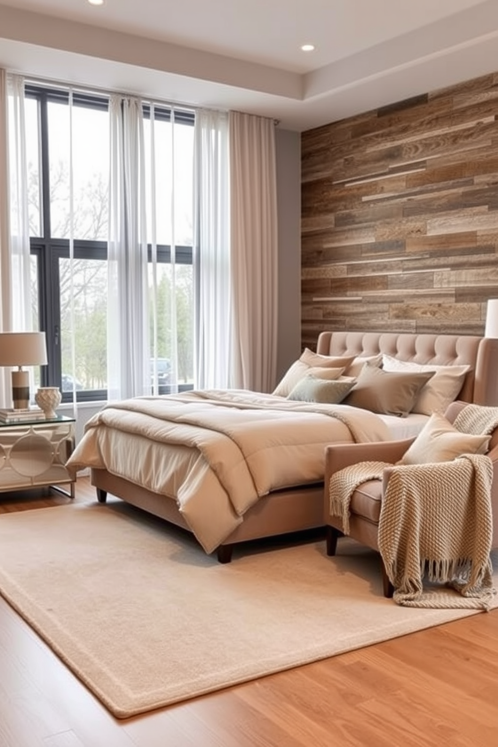 A cozy and inviting bedroom designed for couples. The room features a plush king-sized bed with a velvet headboard and layered bedding in soft neutrals. On one side of the bed, a sleek nightstand holds a modern lamp and a stack of books. The opposite wall showcases a textured accent wall made of reclaimed wood, adding warmth to the space. A comfortable armchair with a knitted throw sits in the corner, creating a perfect reading nook. The floors are adorned with a soft area rug that complements the color palette and adds an extra layer of comfort. Large windows draped with sheer curtains allow natural light to fill the room, enhancing the overall ambiance. Decorative pillows in various fabrics and patterns are scattered across the bed, inviting relaxation and intimacy.