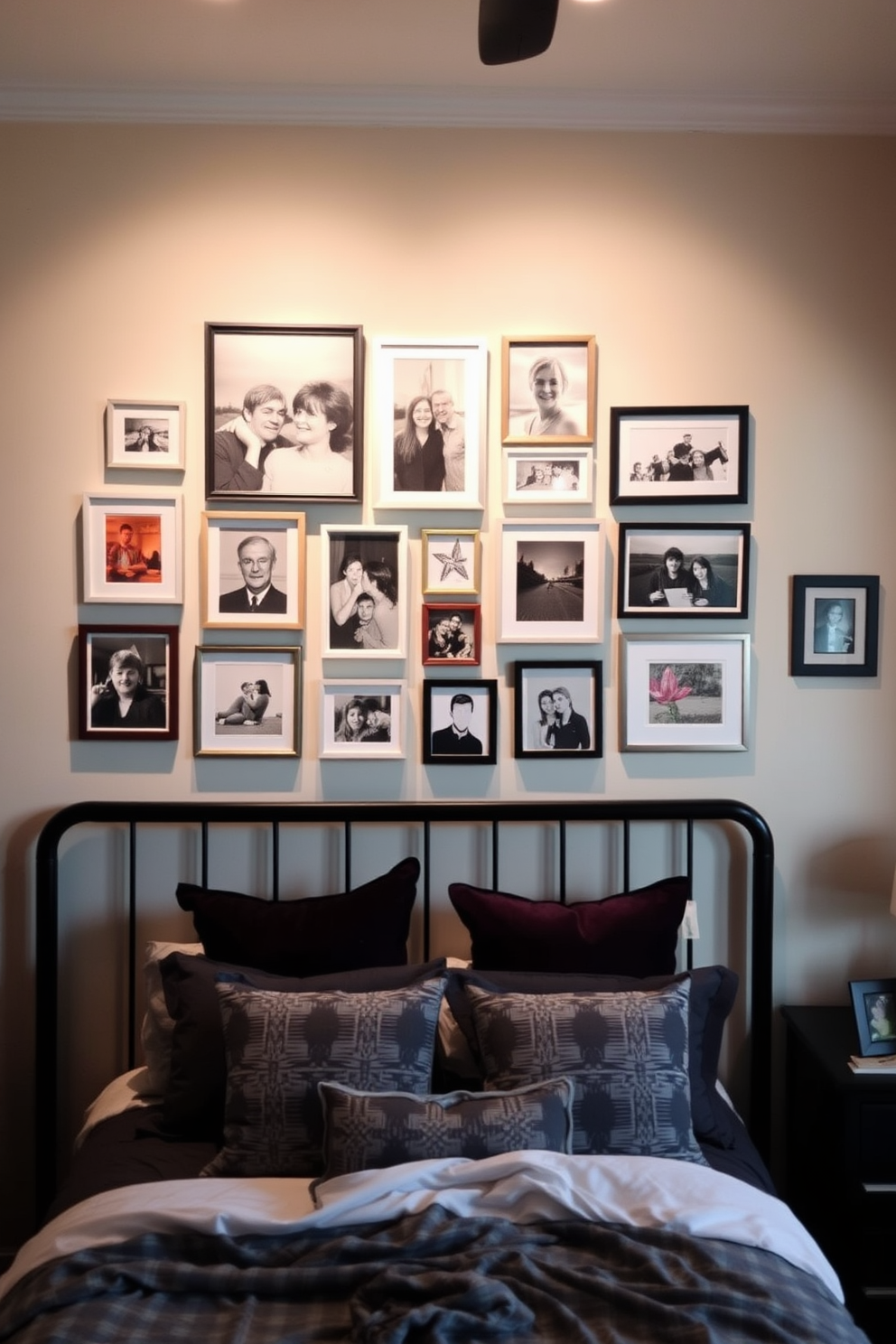 Create a gallery wall featuring a mix of framed photographs and art pieces that reflect the couple's shared memories and interests. The wall is adorned with an eclectic arrangement of frames in various sizes, showcasing black and white photos alongside colorful artwork. Incorporate soft lighting to highlight the gallery wall, creating a warm and inviting atmosphere in the bedroom. The surrounding walls are painted in a calming neutral tone, complementing the couple's personal style and enhancing the overall design of the space.