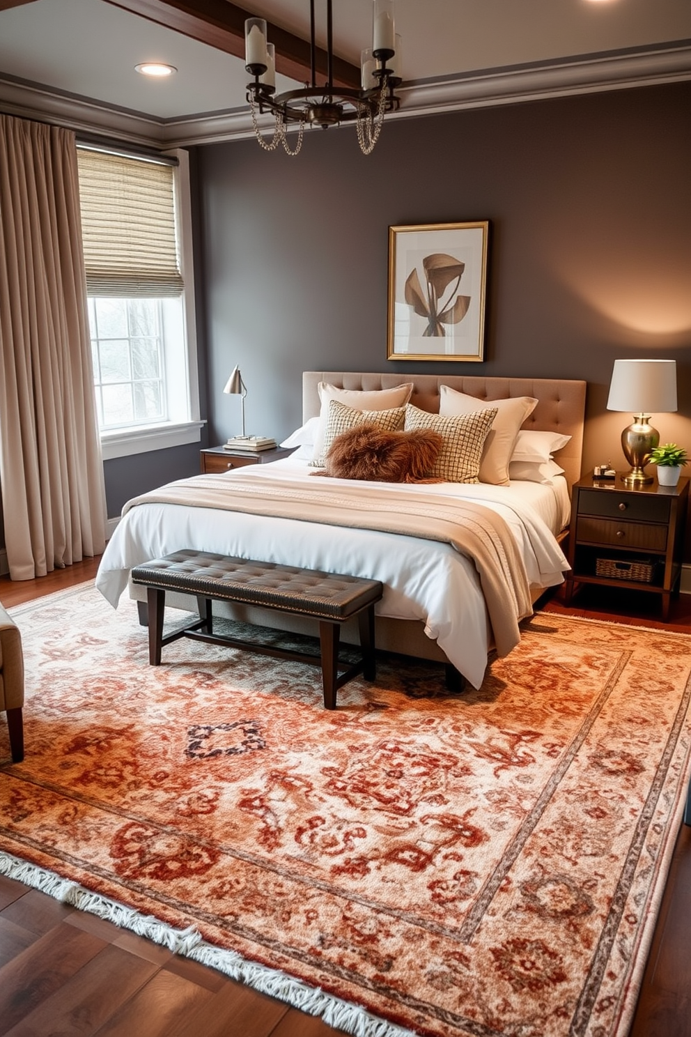 A cozy bedroom for couples features a statement rug that anchors the space, adding warmth and texture. The bed is dressed in luxurious linens with an assortment of plush pillows, creating an inviting atmosphere for relaxation.