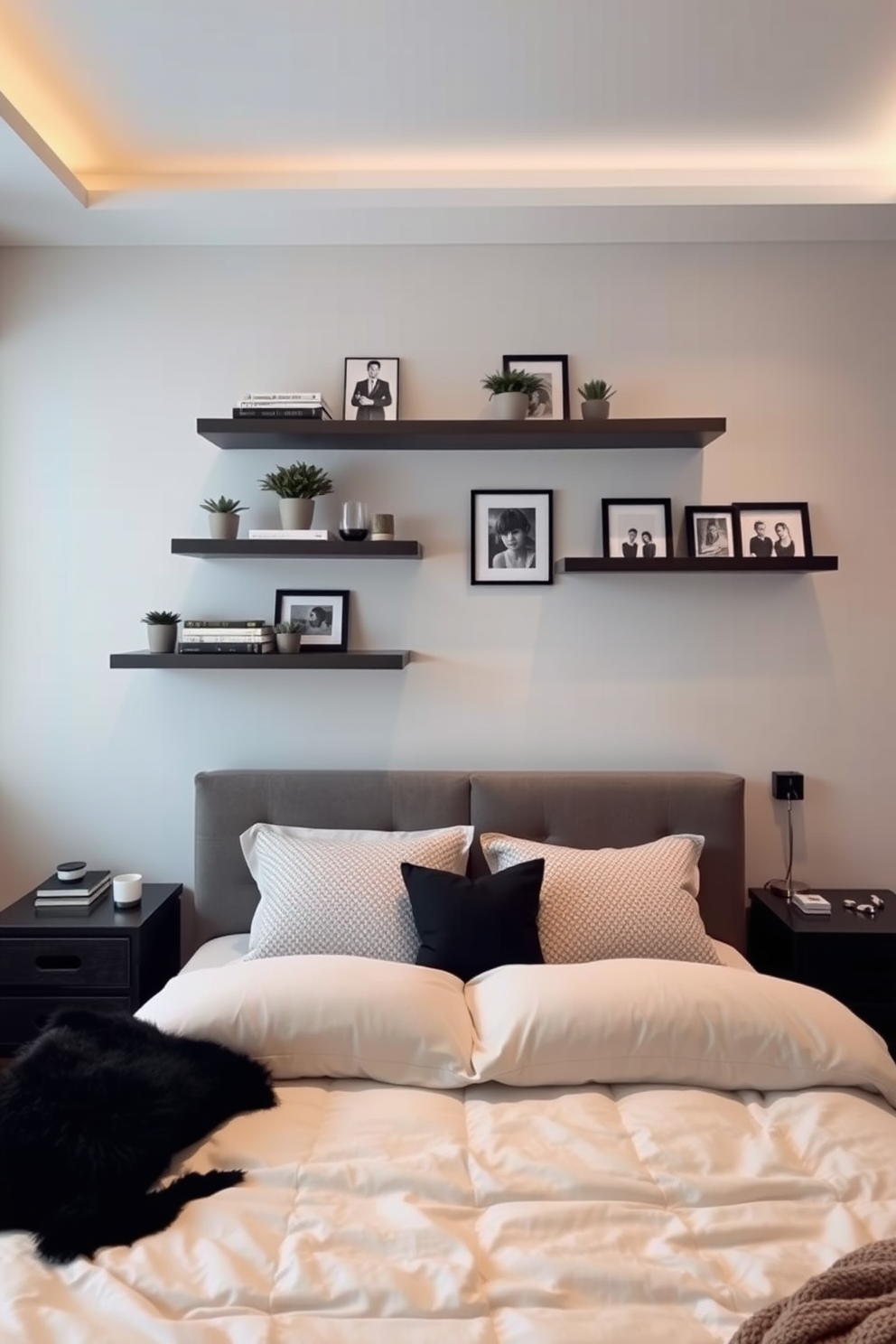 A cozy bedroom featuring a large bed adorned with a variety of colorful throw pillows in different sizes and patterns. The walls are painted in a soft neutral tone, and a plush area rug lies beneath the bed, adding warmth and texture to the space. On either side of the bed, stylish nightstands hold modern lamps that provide soft lighting. A comfortable seating area is positioned by the window, complete with a small coffee table and additional throw pillows for a welcoming touch.