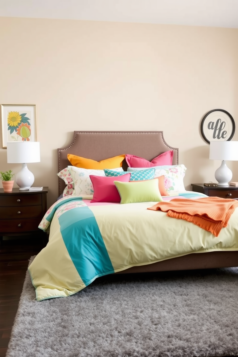 A cozy bedroom with a large bed featuring a plush headboard and soft bedding. Under the bed, there are built-in drawers for functional storage, keeping the space organized and tidy. The walls are painted in a calming light gray, complemented by warm wooden accents. Soft lighting from bedside lamps creates an inviting atmosphere perfect for couples.