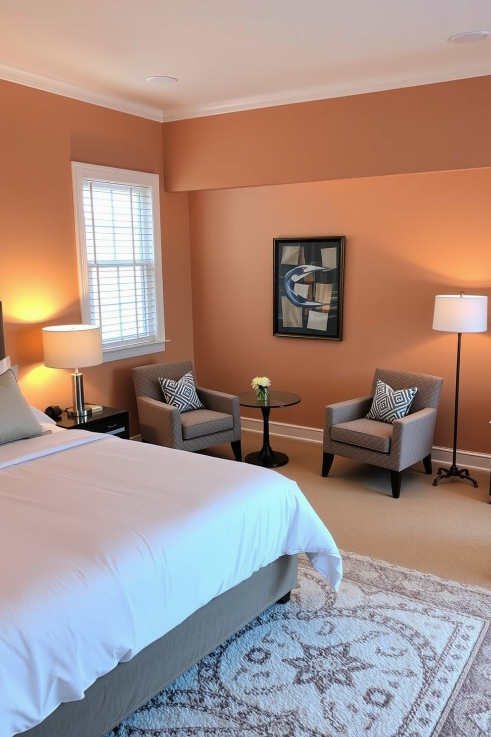 A cozy bedroom designed for couples featuring mood lighting created by soft LED strip lights along the perimeter of the ceiling. The walls are painted in a warm neutral tone, and a plush king-sized bed is centered in the room, adorned with luxurious bedding and decorative pillows. On either side of the bed, stylish nightstands hold elegant lamps that complement the ambient glow from the LED lights. A comfortable seating area with a small table is positioned near a window, inviting relaxation and intimate conversations.