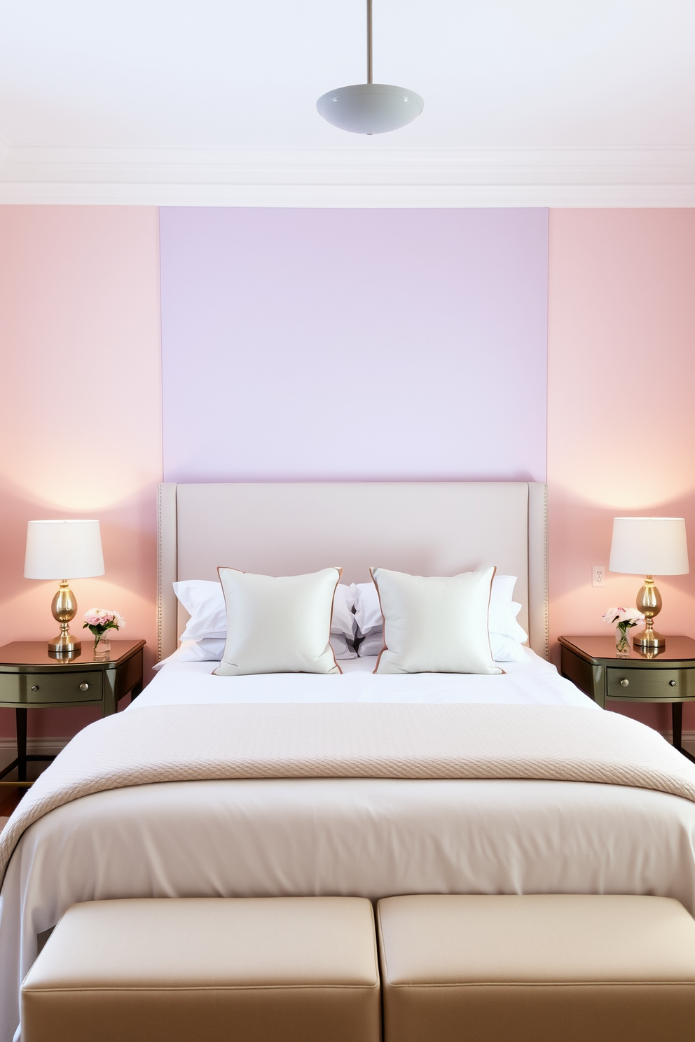 A serene bedroom retreat featuring a soft pastel color palette that promotes tranquility. The walls are painted in a gentle blush pink, complemented by a light lavender accent wall behind the bed. The bed is dressed in plush white linens with pastel throw pillows and a cozy knitted blanket. A pair of elegant bedside tables flank the bed, each adorned with soft glowing lamps and a small vase of fresh flowers.