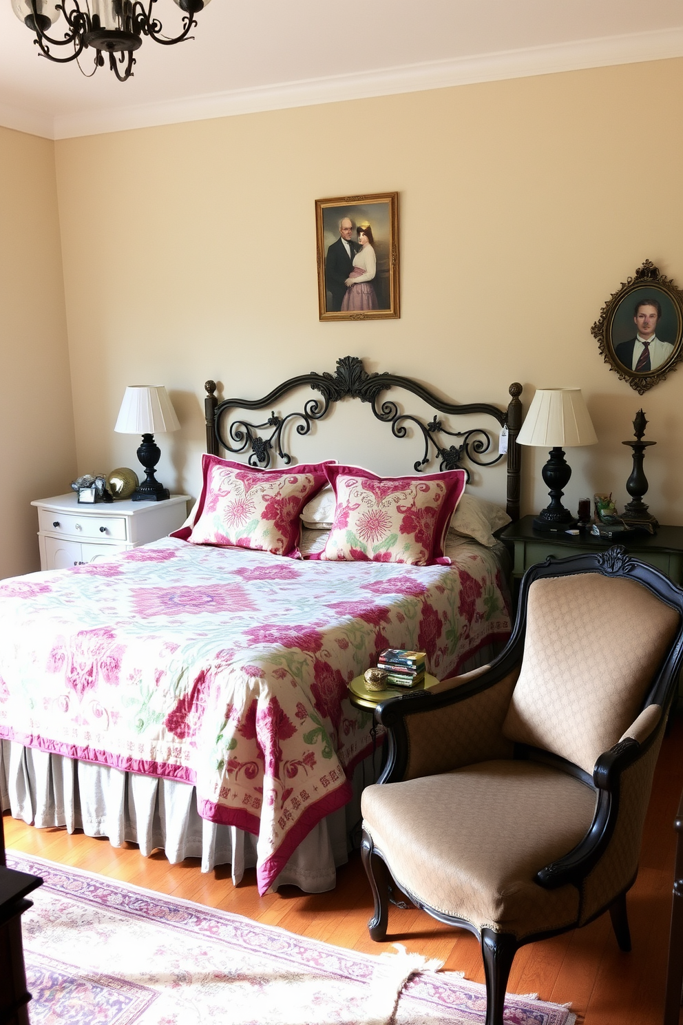 A cozy bedroom featuring vintage furniture that adds character and charm. The bed is adorned with a beautifully patterned quilt and flanked by antique nightstands with ornate lamps. A vintage armchair sits in one corner, complemented by a small side table and a decorative rug beneath. The walls are painted in a soft pastel hue, creating a warm and inviting atmosphere for couples.