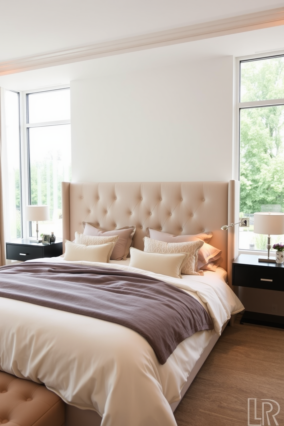 A stylish headboard serves as the focal point in a serene bedroom designed for couples. It features an elegant upholstered design in a soft neutral tone, flanked by modern bedside tables with sleek lamps. The bedding is layered with plush textures and calming colors, creating a cozy and inviting atmosphere. Large windows allow natural light to flood the space, enhancing the overall warmth and intimacy of the room.