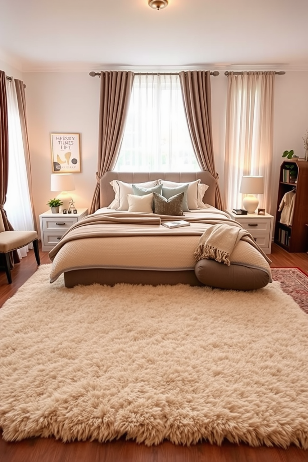 A cozy bedroom designed for couples features a plush area rug that defines the seating area, creating an intimate space for relaxation. The bed is centered against a soft accent wall, adorned with layered bedding in neutral tones and decorative pillows for added comfort. On the opposite side, a second area rug frames the bedside tables, enhancing the warmth of the room. Natural light filters through sheer curtains, illuminating a stylish reading nook complete with a comfortable chair and a small bookshelf.